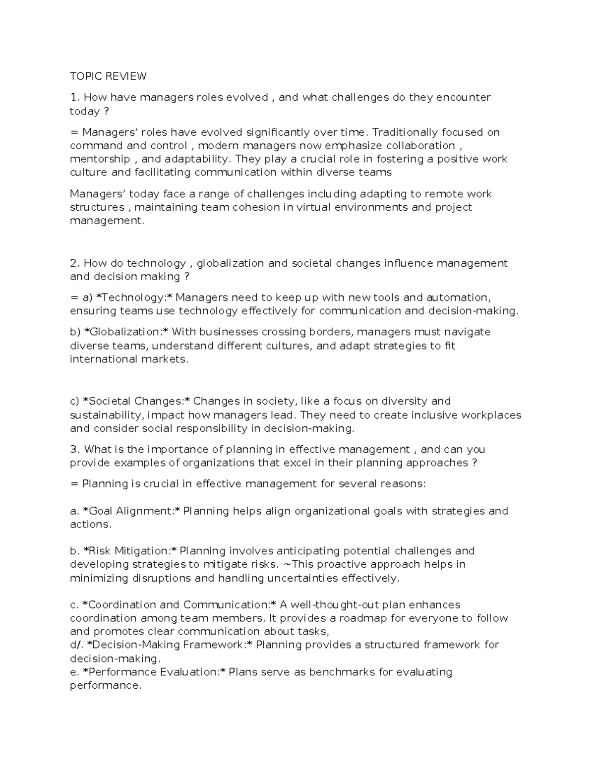 Management Topic Review: Evolving Roles & Planning Importance - Studocu