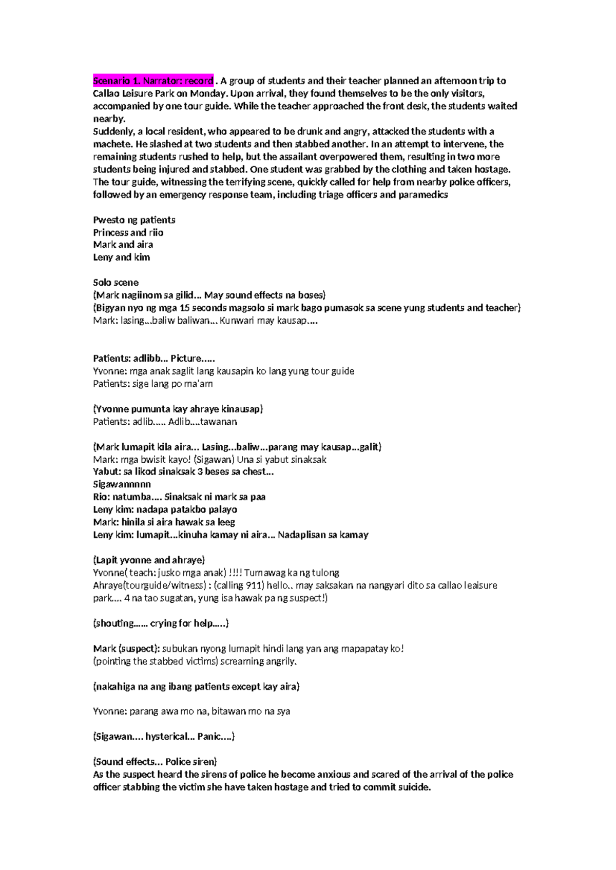 Stabbing Incident Triage Scenario Script - Final Exam - Studocu