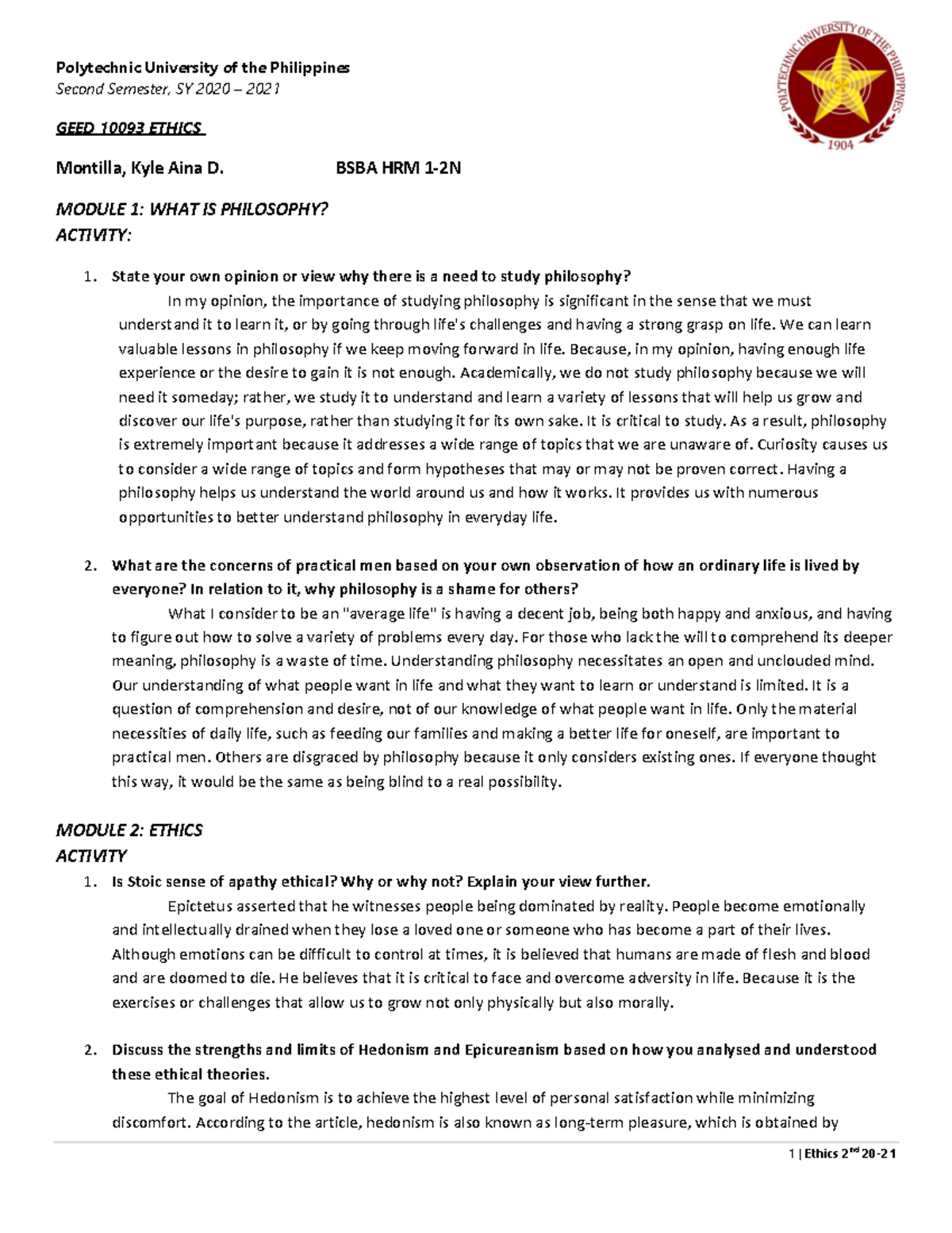 GEED 10093 - Ethics - Comprehensive Answer Sheet - PUP - Studocu