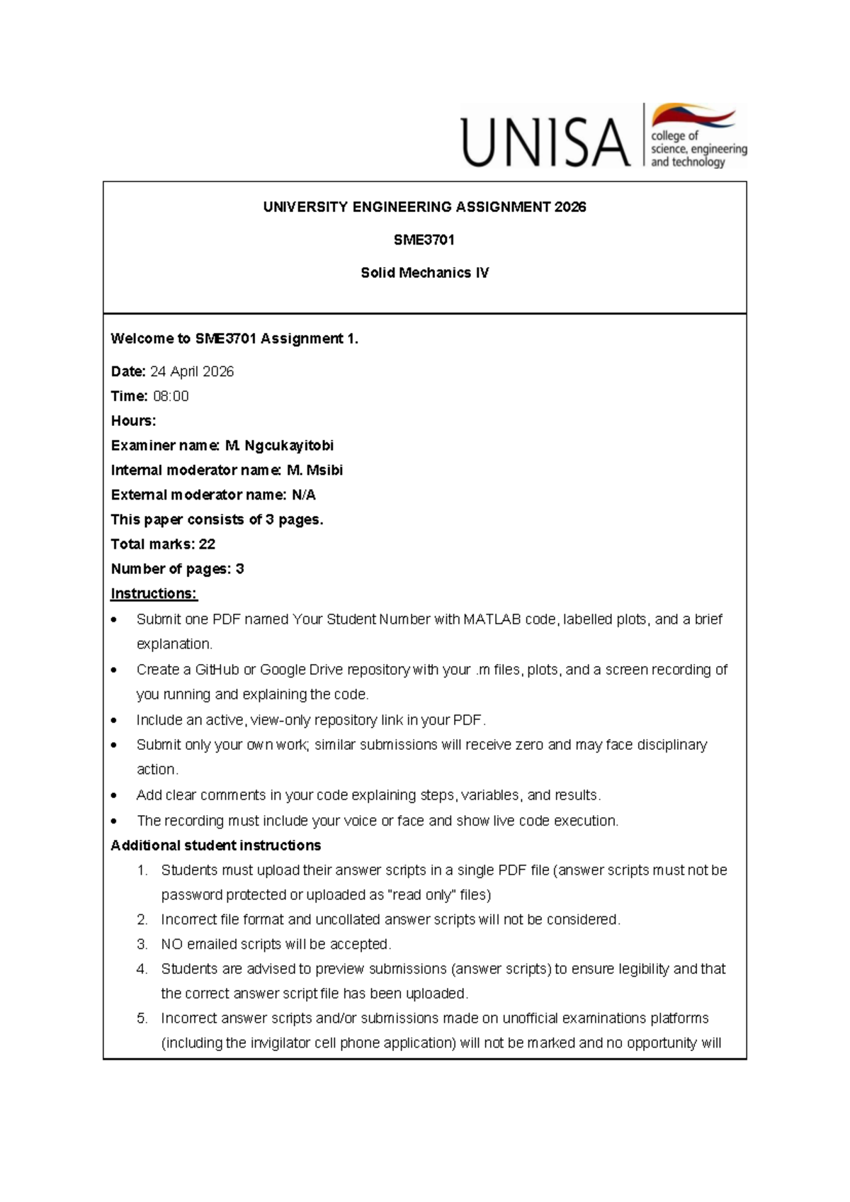 SME3701 Solid Mechanics IV Assignment 1 Guidelines and Instructions ...