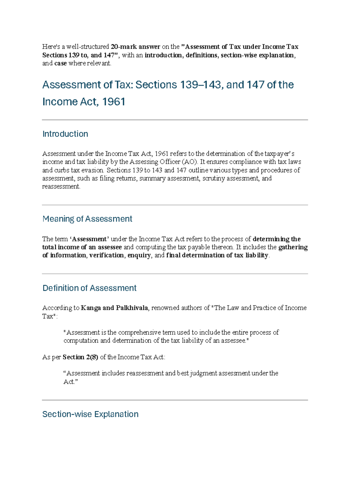 Assessment of Tax Under Income Tax Act Sections 139-147 - Studocu