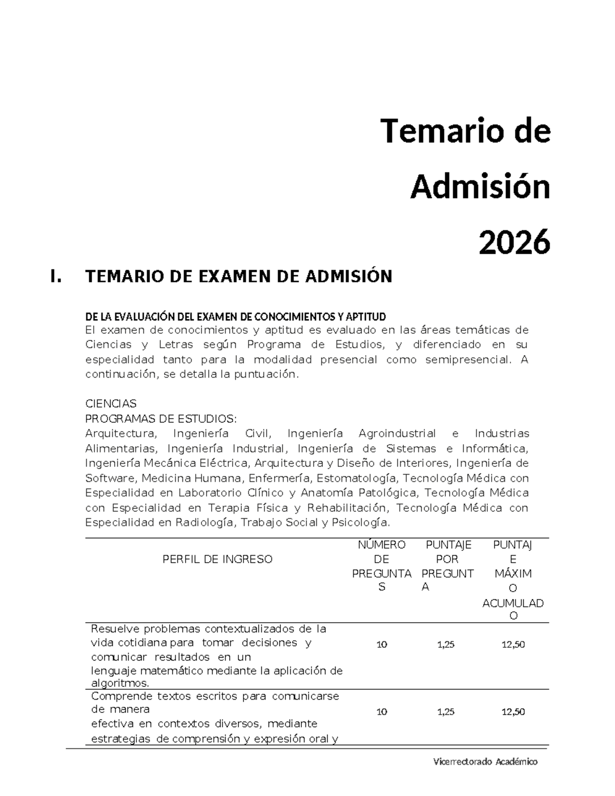 Temario de Examen de Admisión I 2026: Conocimientos y Aptitud - Document Preview