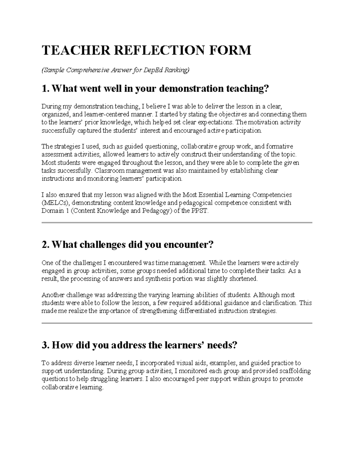 Teacher Reflection Form: Comprehensive Insights for DepEd Ranking - Studocu