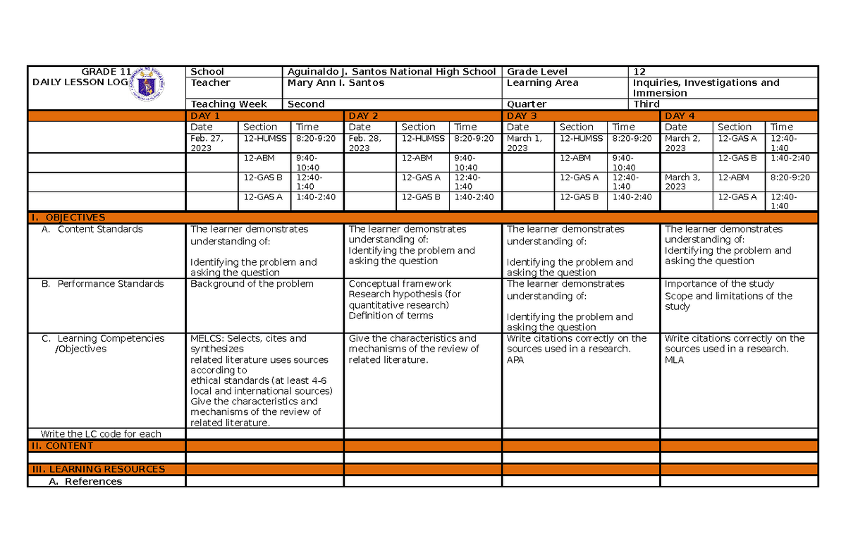I3-3rd WEEK DLL - lesson plan - GRADE 11 DAILY LESSON LOG School ...