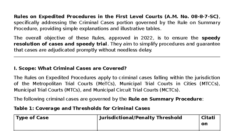 Expedited Procedures for Criminal Cases in First Level Courts (A.M. No ...