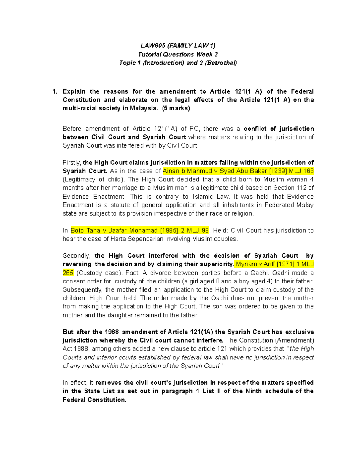 LAW605 (FAMILY LAW 1) Week 3 Tutorial Questions on Article 121(1A) and ...