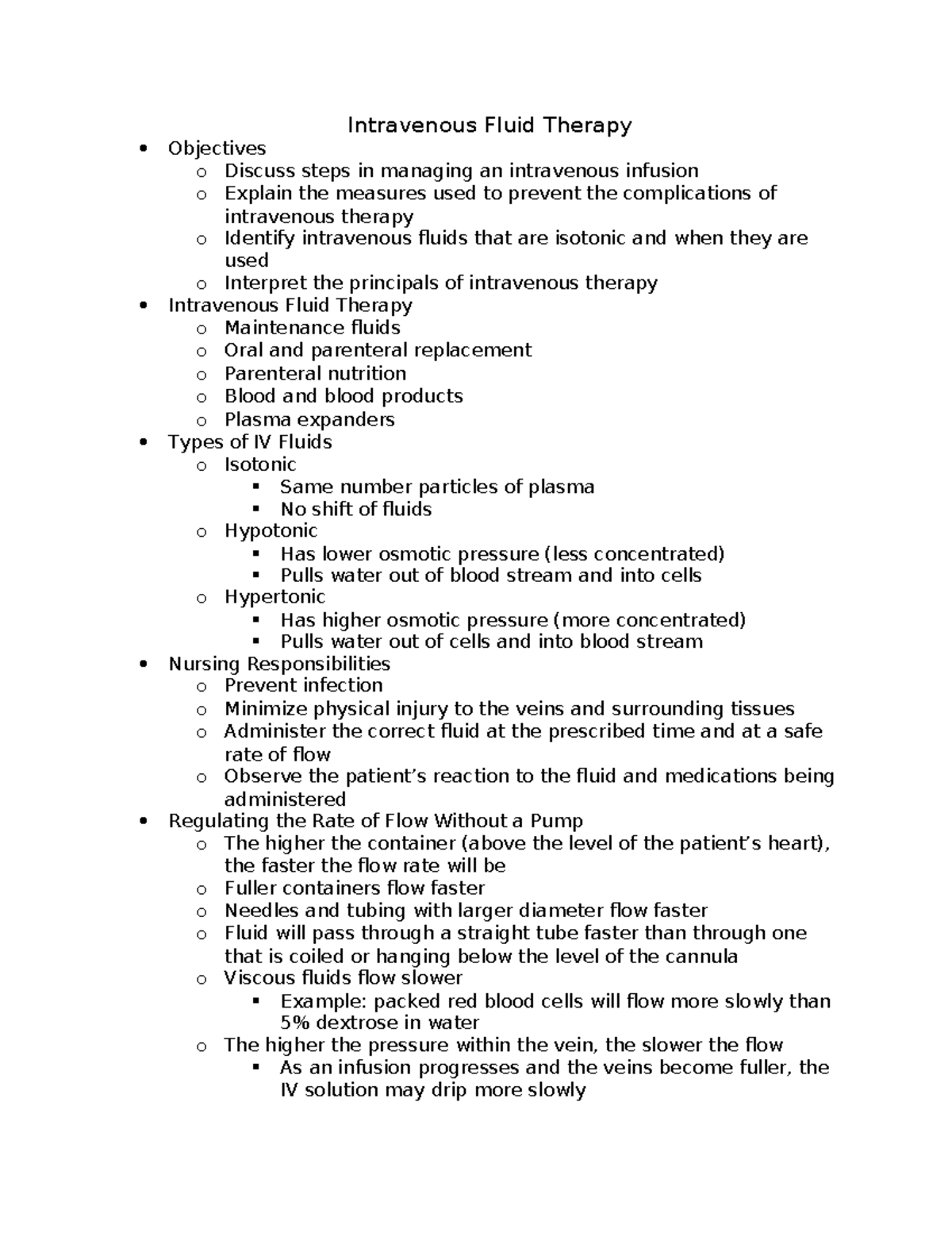 IV Fluid Therapy Study Notes for Nursing (NUR 101) - Studocu
