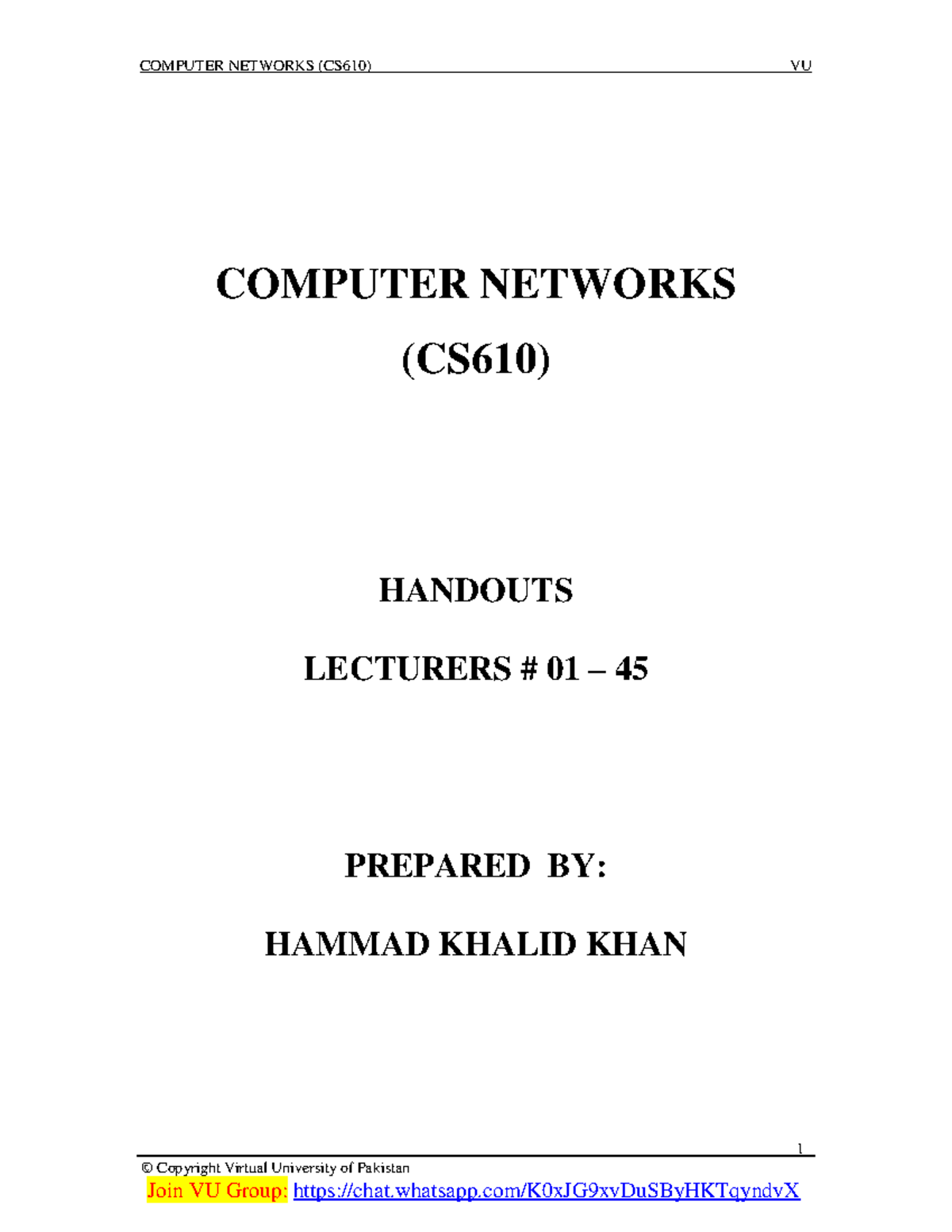 Computer Networks (CS610) Lecture Handouts by Hammad Khalid Khan - Studocu
