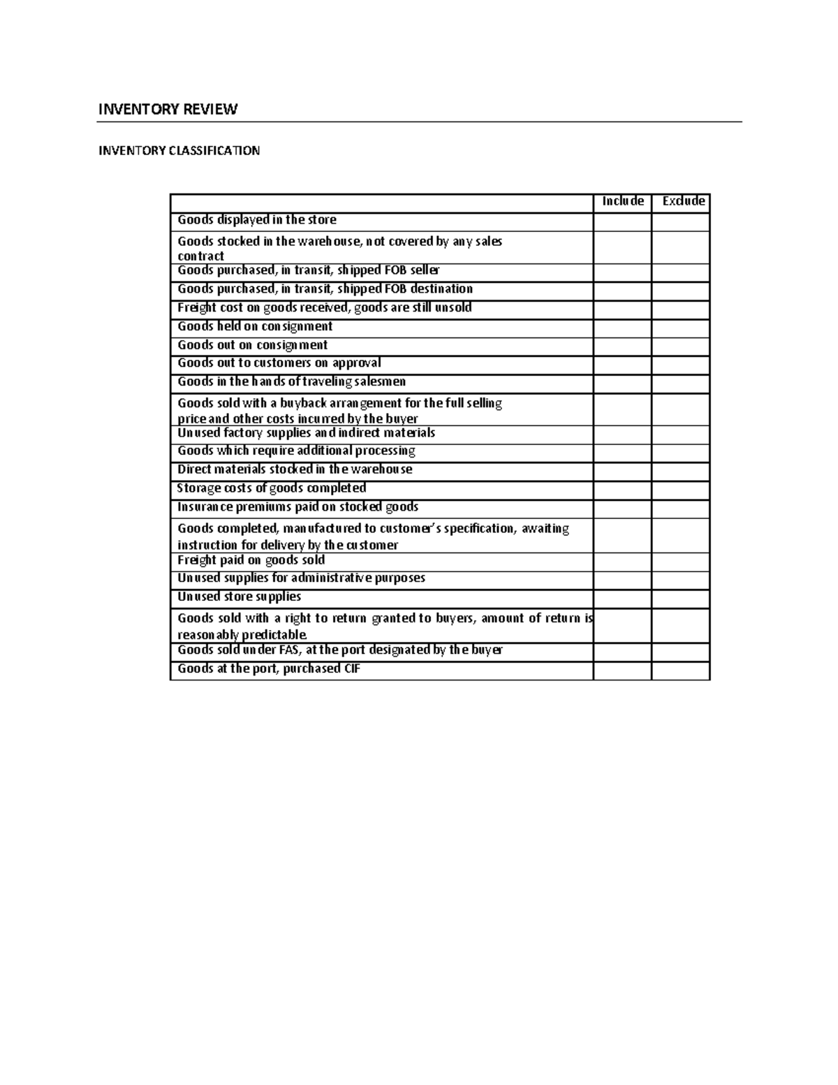 Inventory - INVENTORY REVIEW INVENTORY CLASSIFICATION Include Exclude ...