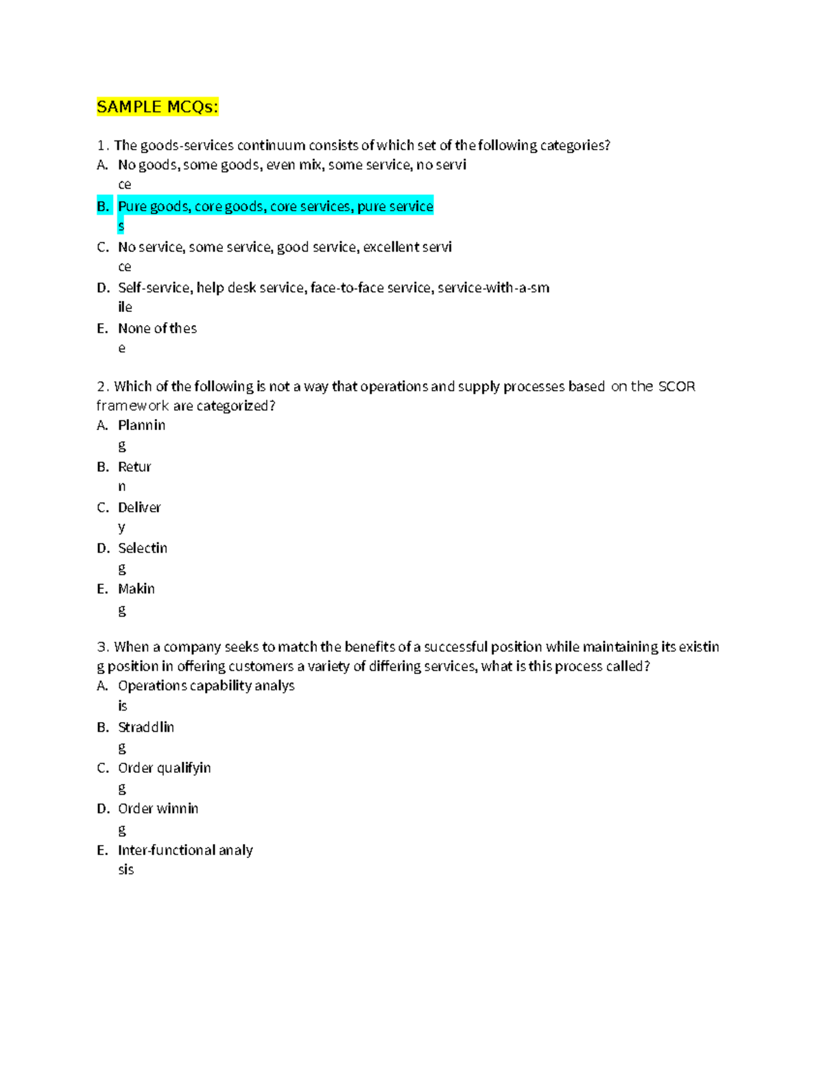 GSCM - Sample MCQs for Operations and Supply Chain Management - Studocu