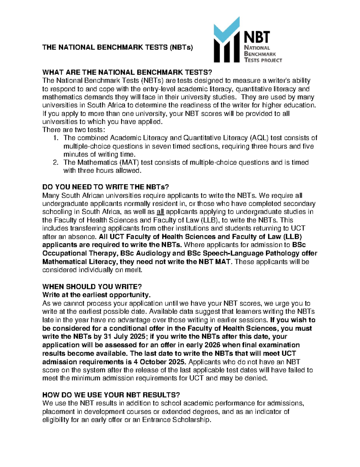 UCT N02 - National Benchmark Tests (NBTs) Overview and Requirements ...