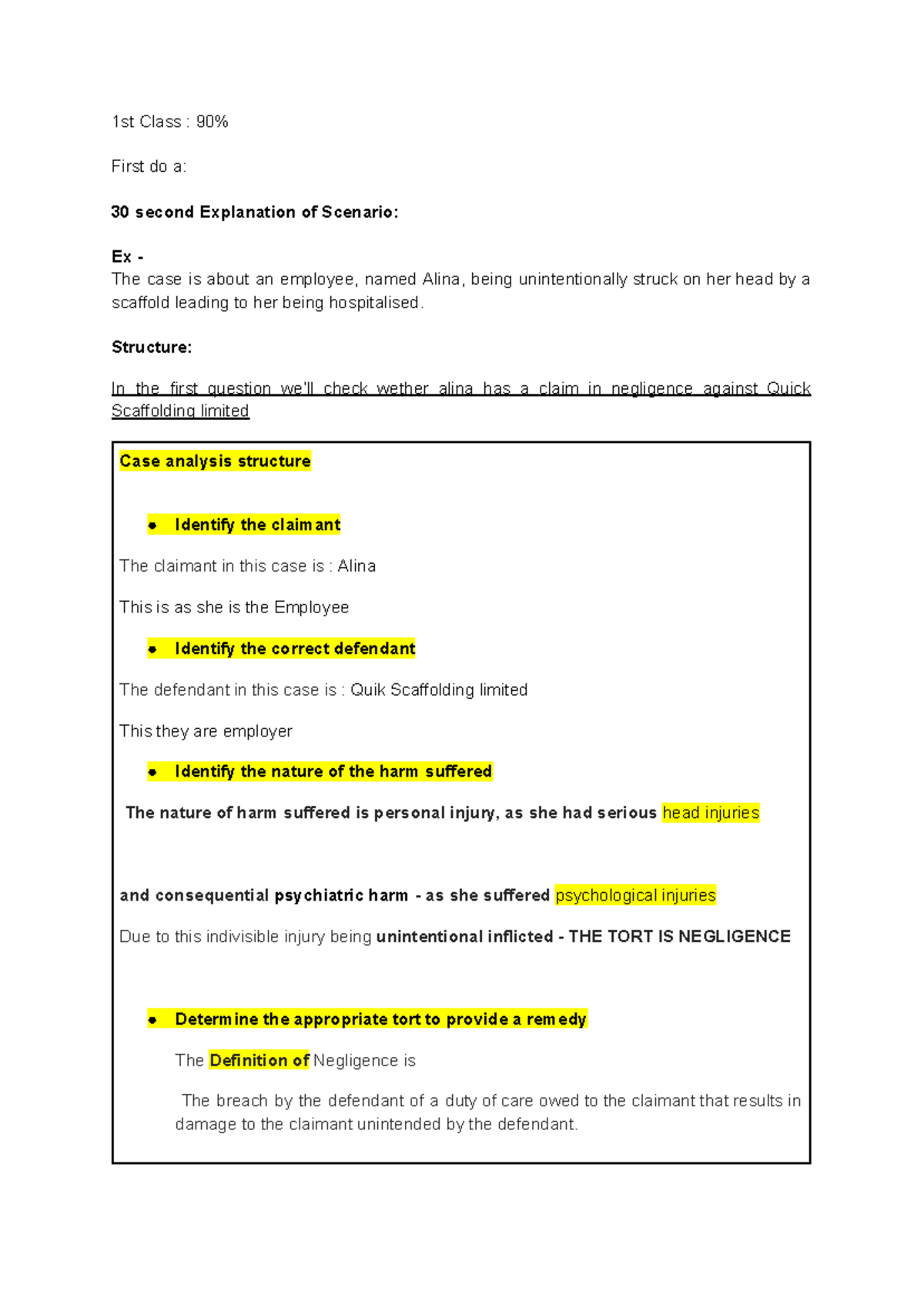 Tort Law Oral Exam - Case Analysis Structure for Negligence & Liability ...