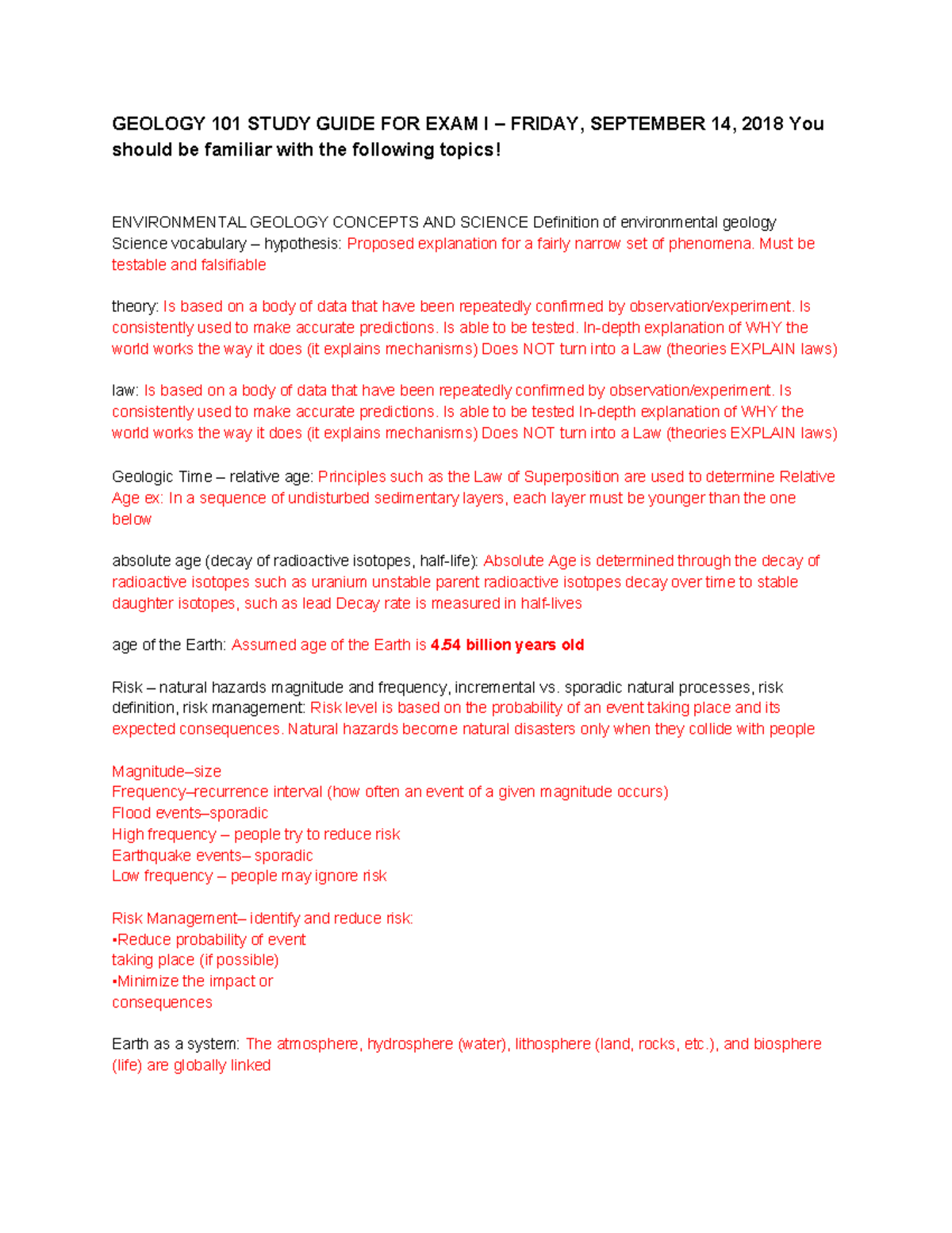 GEOLOGY 101 STUDY GUIDE FOR EXAM I: KEY TOPICS & CONCEPTS - Studocu