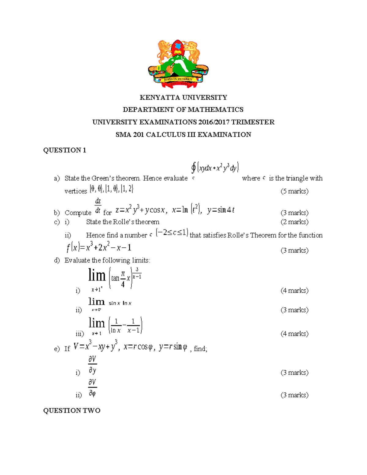 SMA 201 Calculus III Final Examination Questions and Solutions 2016 ...