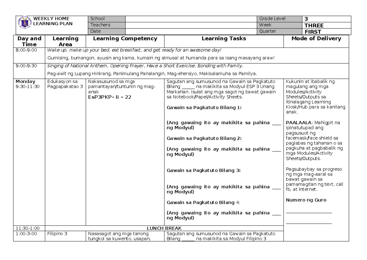Weekly Home Learning Plan (WHLP) for Grade 3 - Q1 Week 3 - Studocu