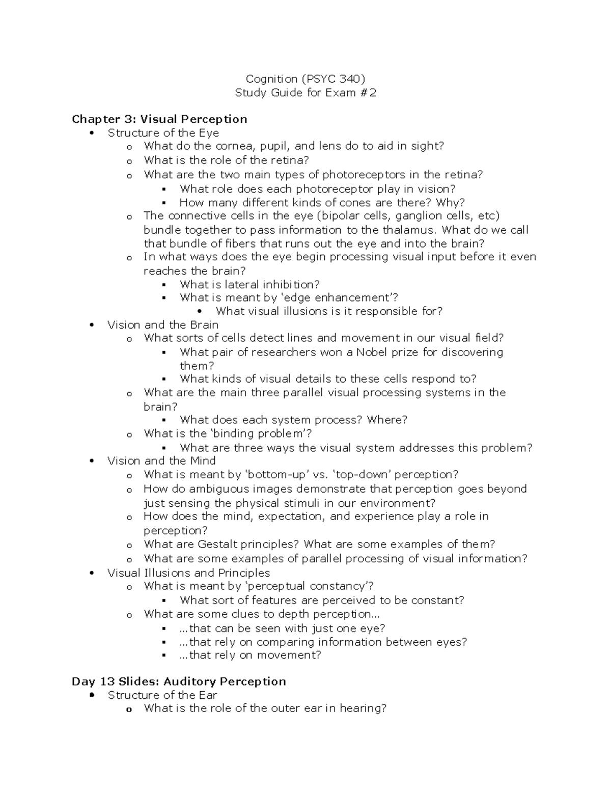 Cognition (PSYC 340) Exam 2 Study Guide: Visual & Auditory Perception ...