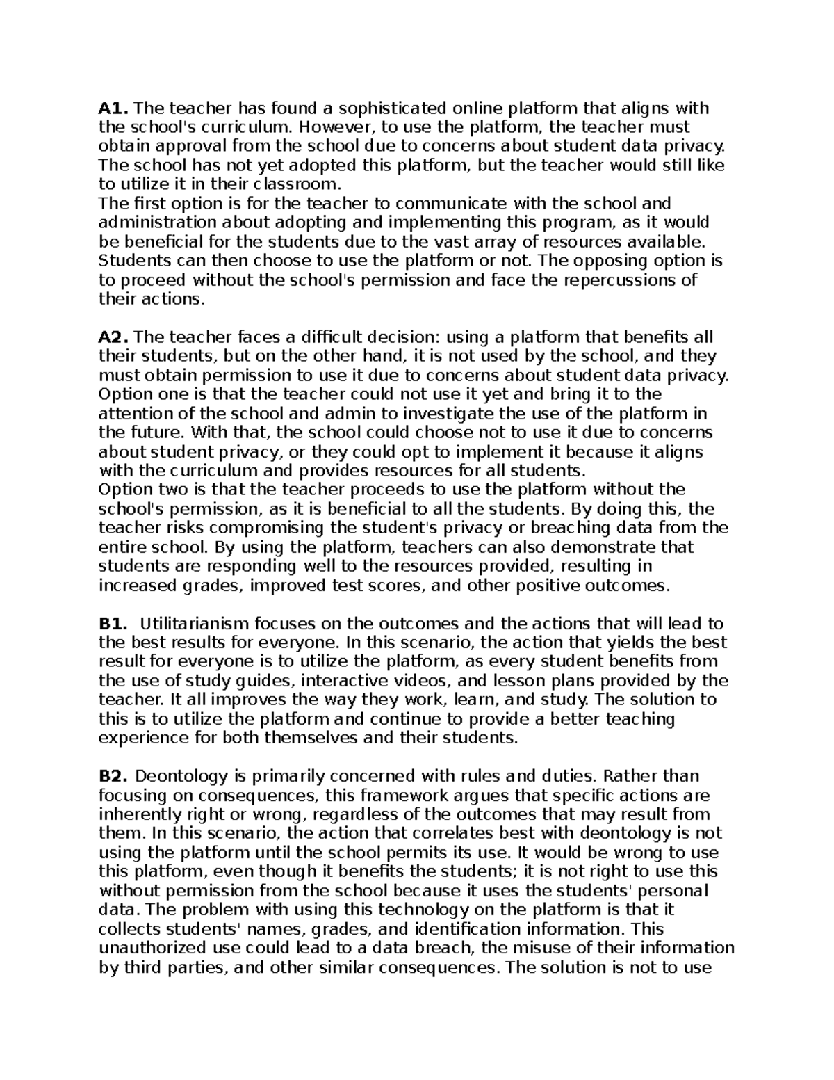 D773 Task 1 - Ethical Dilemma of Using an Online Platform in Education ...