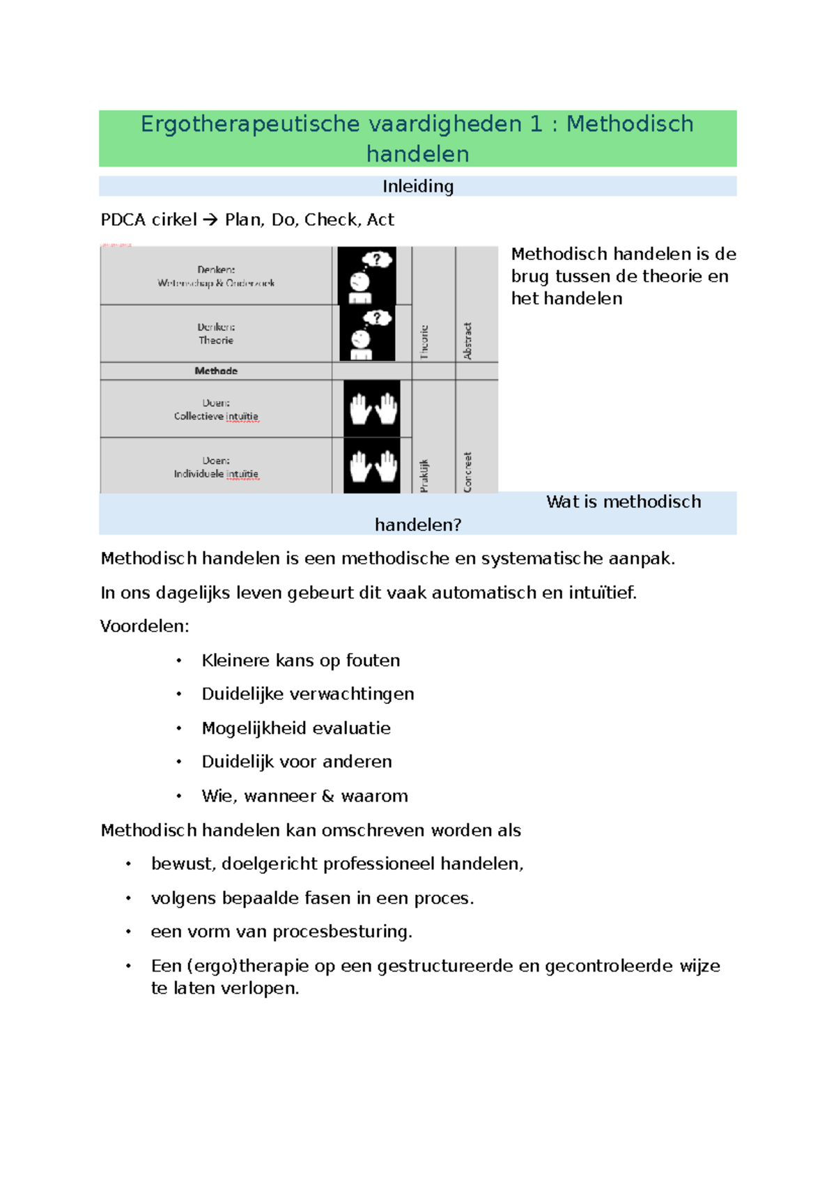 Erva 1: Methodisch Handelen en de PDCA Cirkel in Ergotherapie - Studocu