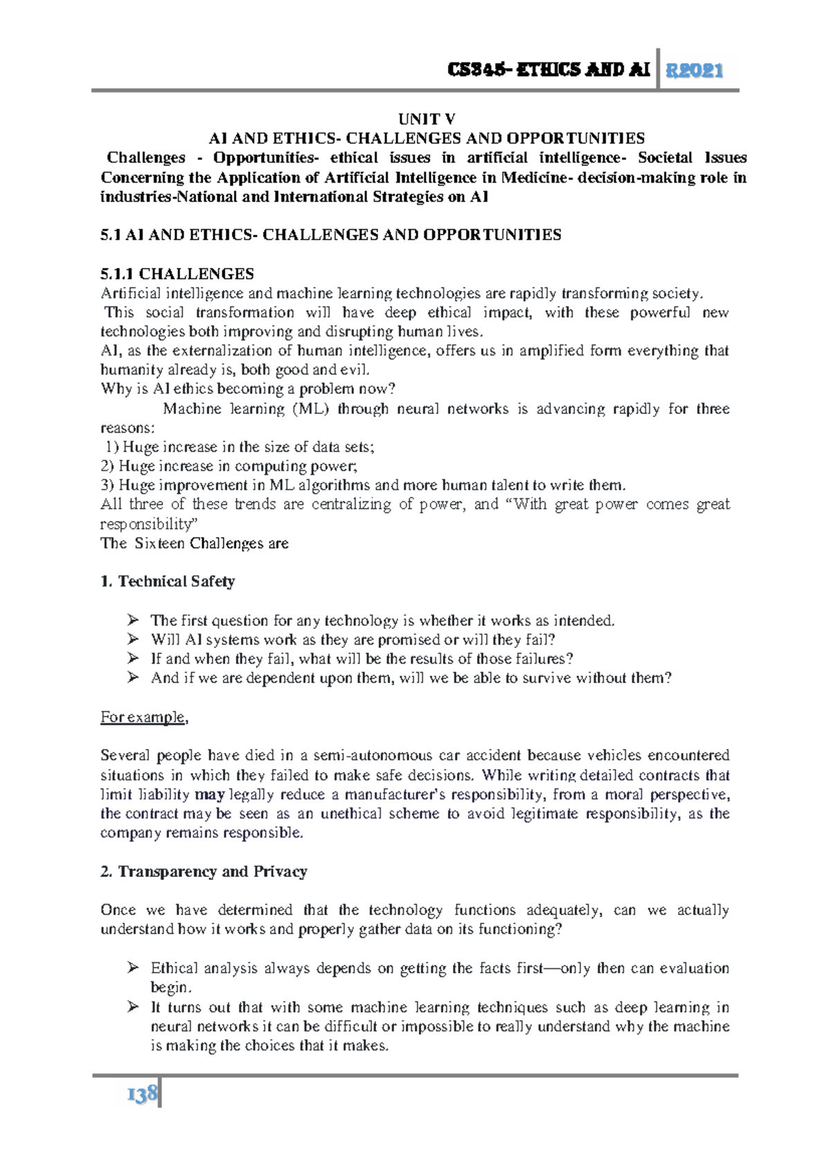 Ethics and AI R2021: Unit V - Challenges and Opportunities in AI - Studocu