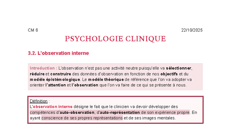 CM 6 PSYCHOLOGIE CLINIQUE 3.2 - Introduction à l'Observation Interne ...