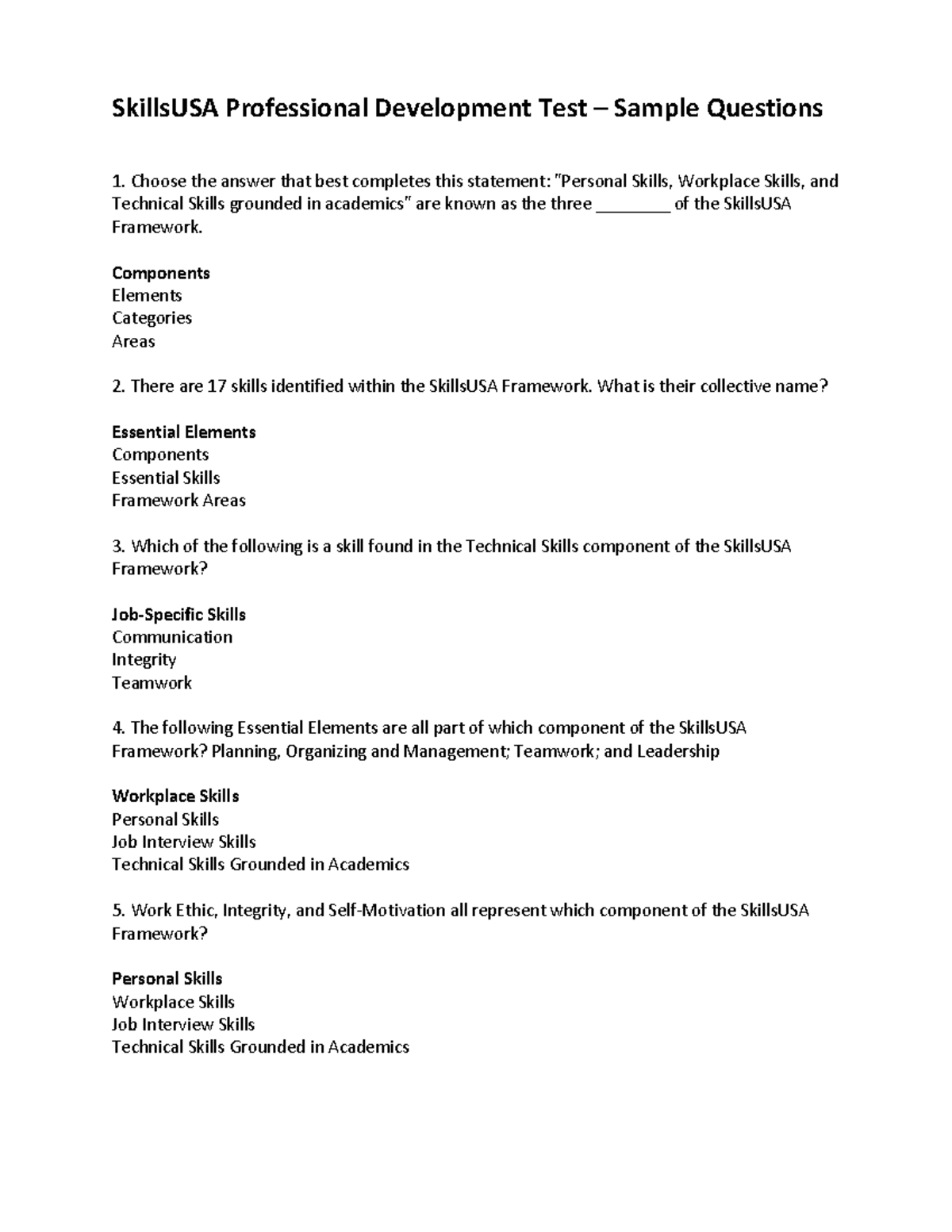 SkillsUSA Professional Development Test – Sample Questions - Studocu