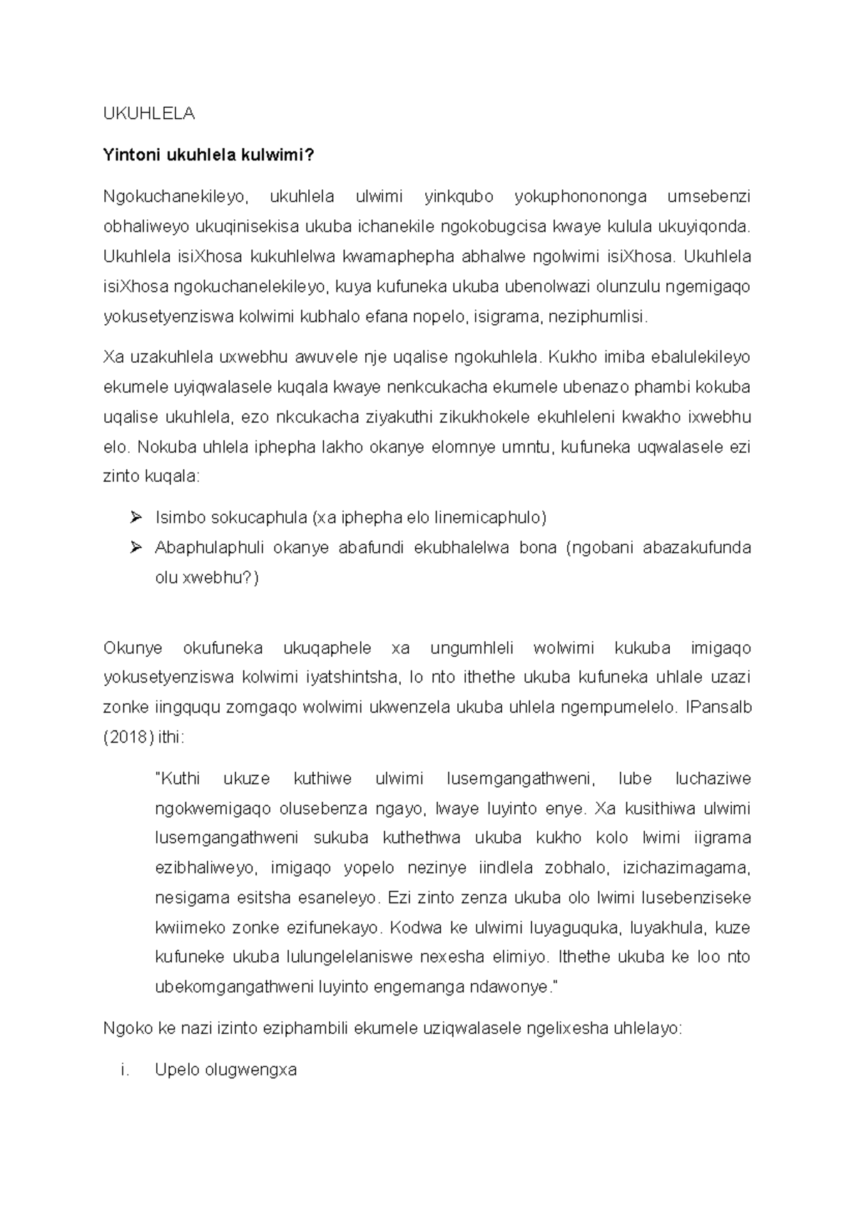 Ukuhlela - Lecture Notes for isiXhosa (UKUHLELA) - Studocu