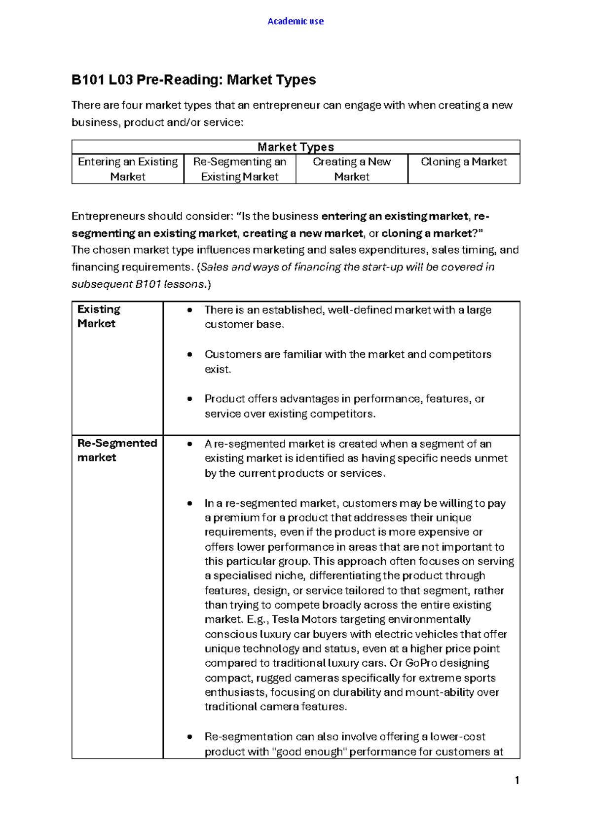 B101 L03 Market Types: Understanding Business Entry Strategies - Studocu