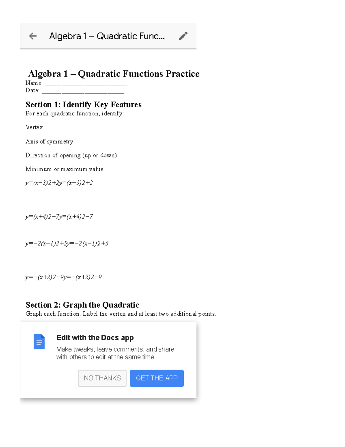 Algebra 1 - Quadratic Functions Practice Worksheet - Studocu