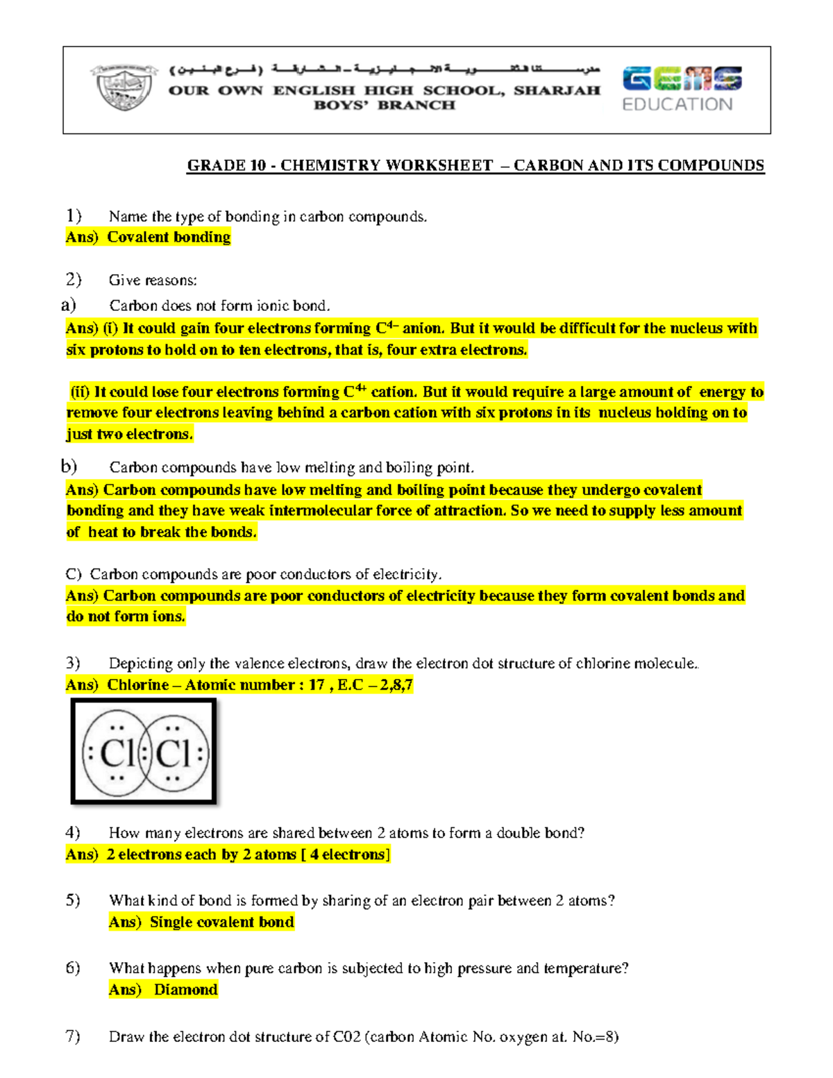 Chemistry 10 - Revision Worksheet on Carbon & Its Compounds - Studocu