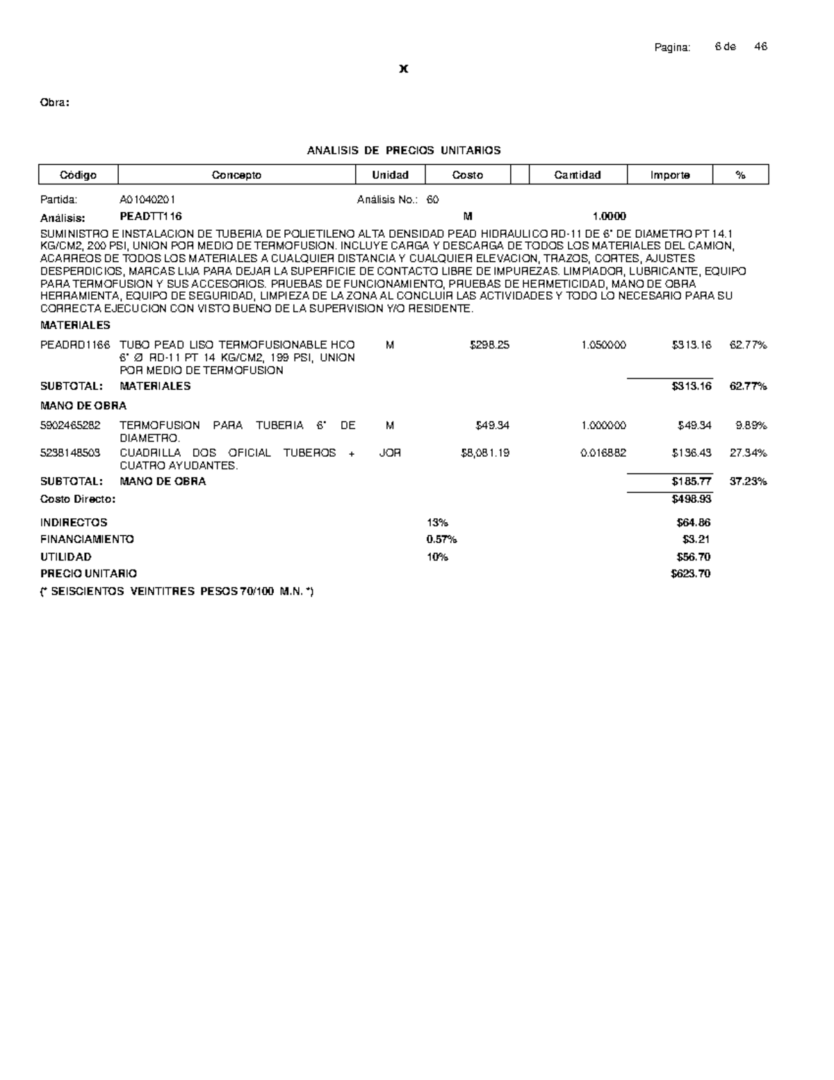 Análisis de Precios Unitarios PEADTT116: Tubería Hidráulica RD-11 ...