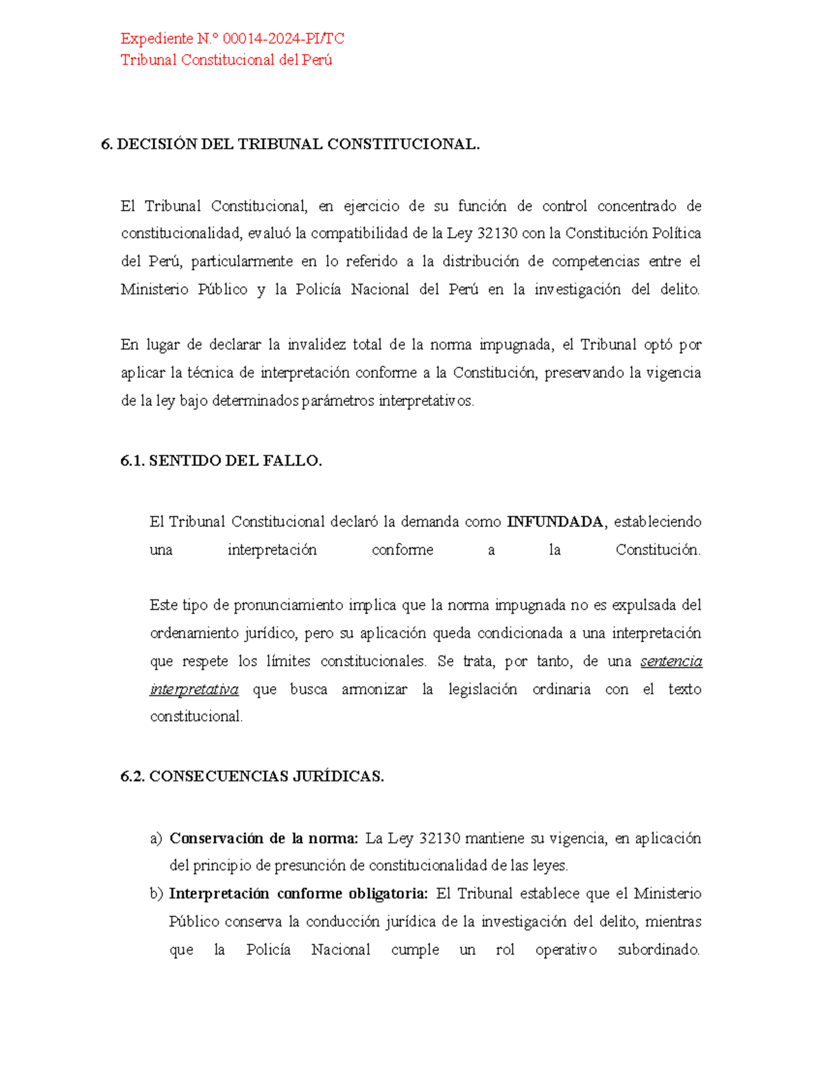 Informe Jurídico Constitucional 00014 2024 PI TC: Decisión del Tribunal ...
