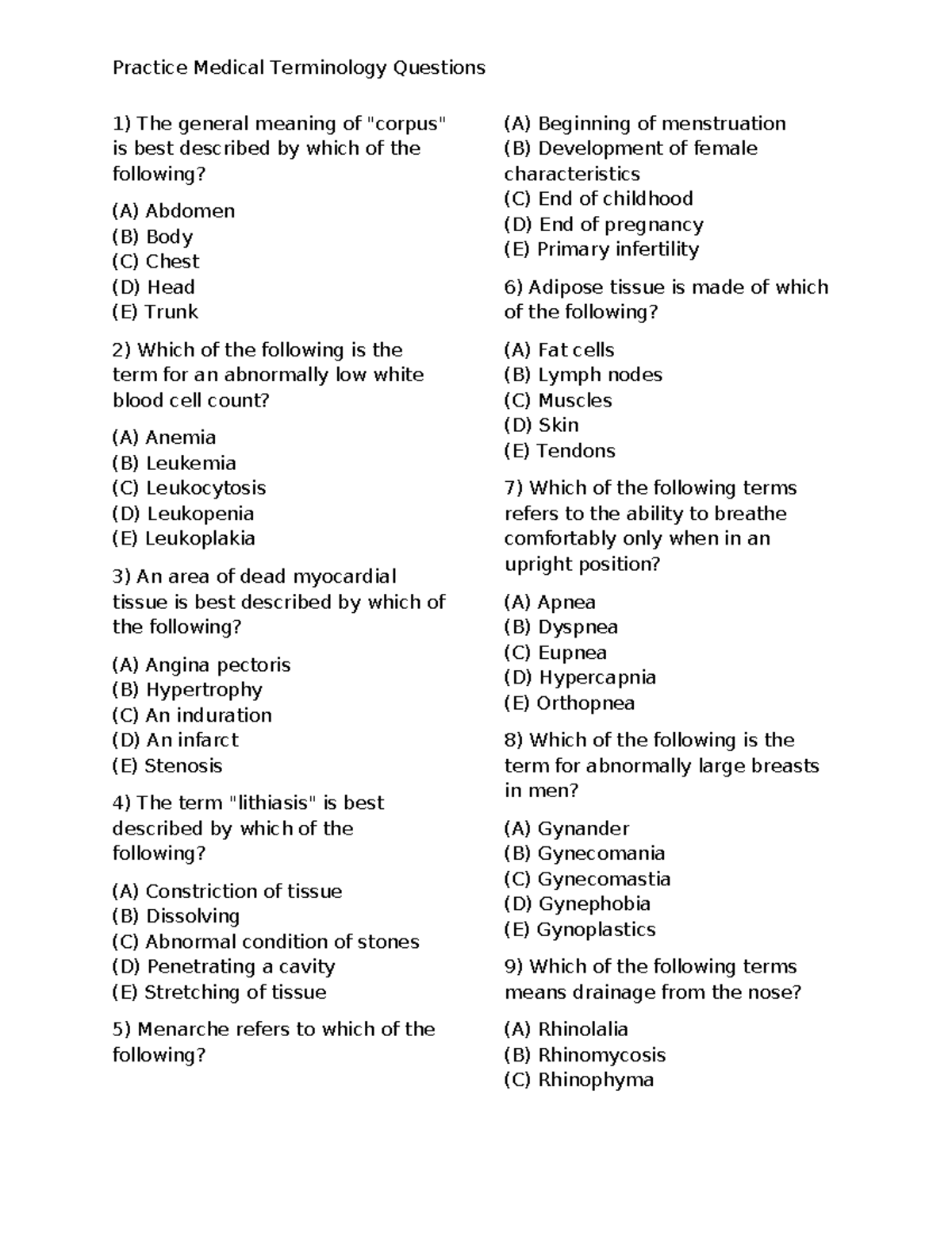 Medical Terminology Practice Questions for Exam Prep - Studocu