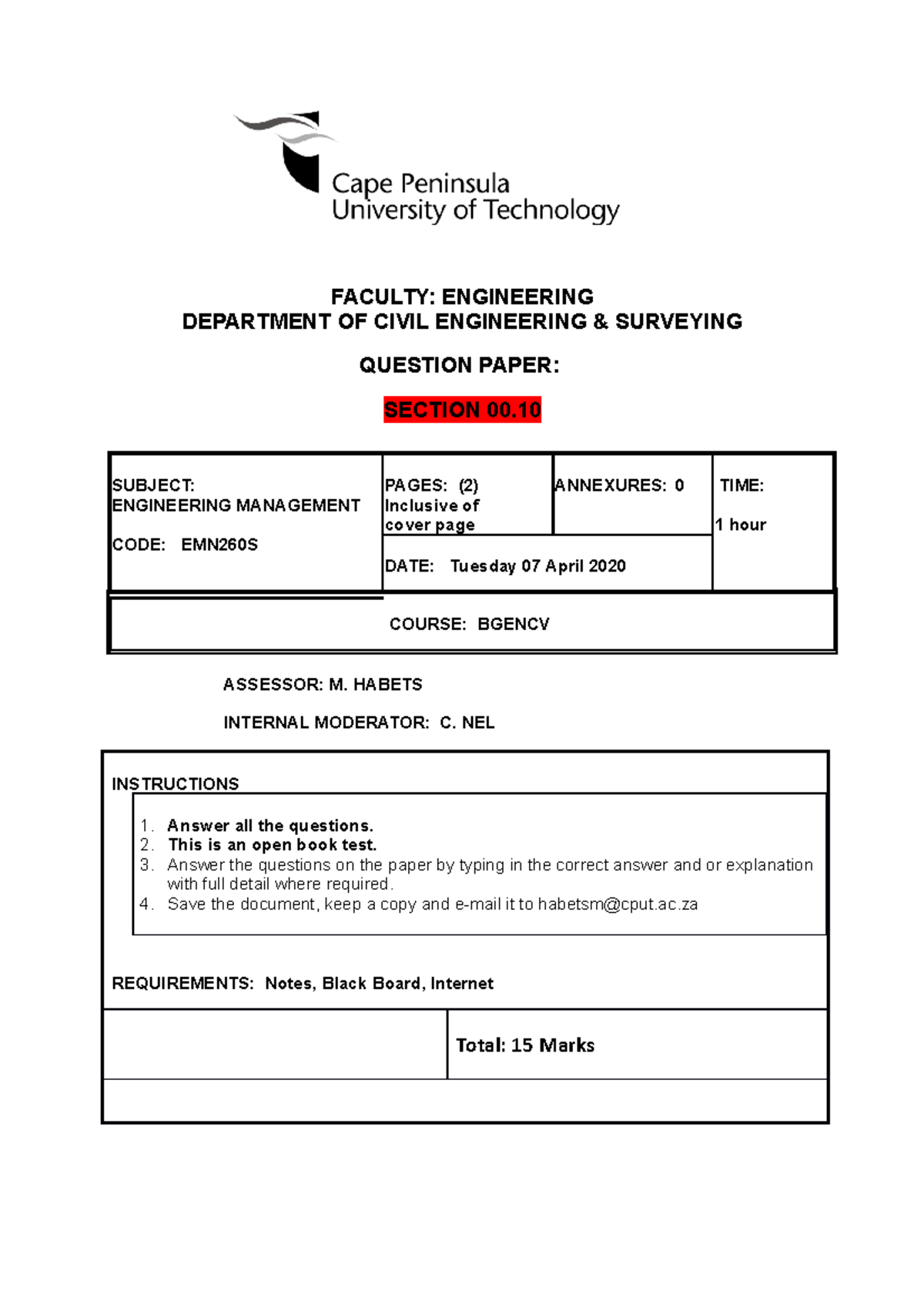 EMN260S Engineering Management Test 7 April 2020: Questions ...