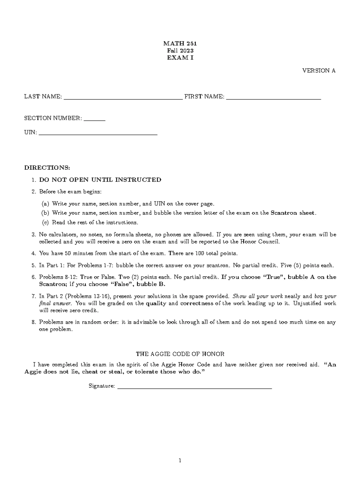 MATH 251 Fall 2023 Exam III Version B Solutions and Instructions - Studocu
