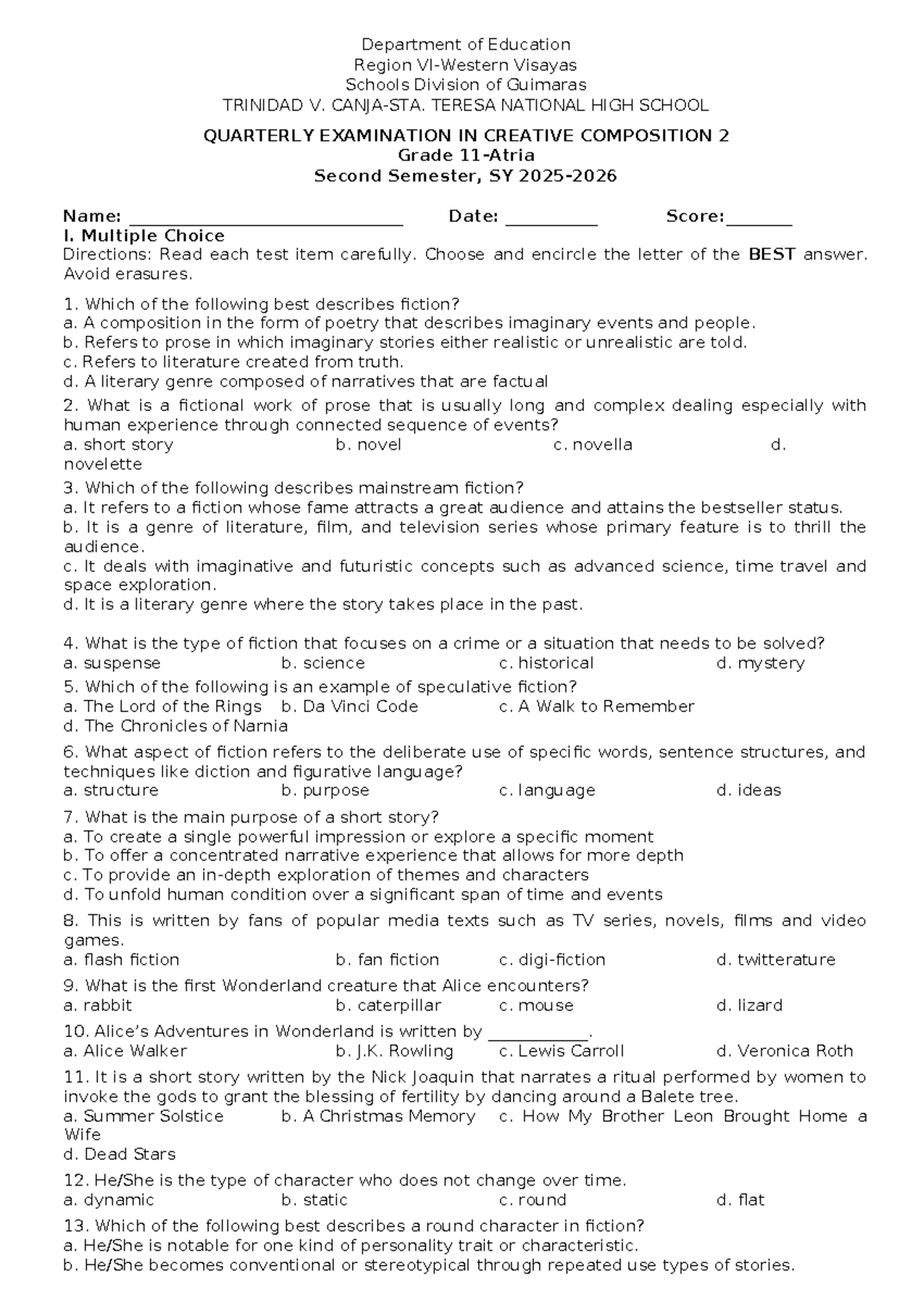 3rd Quarter Exam in Creative Composition 2 (CC2) - Studocu