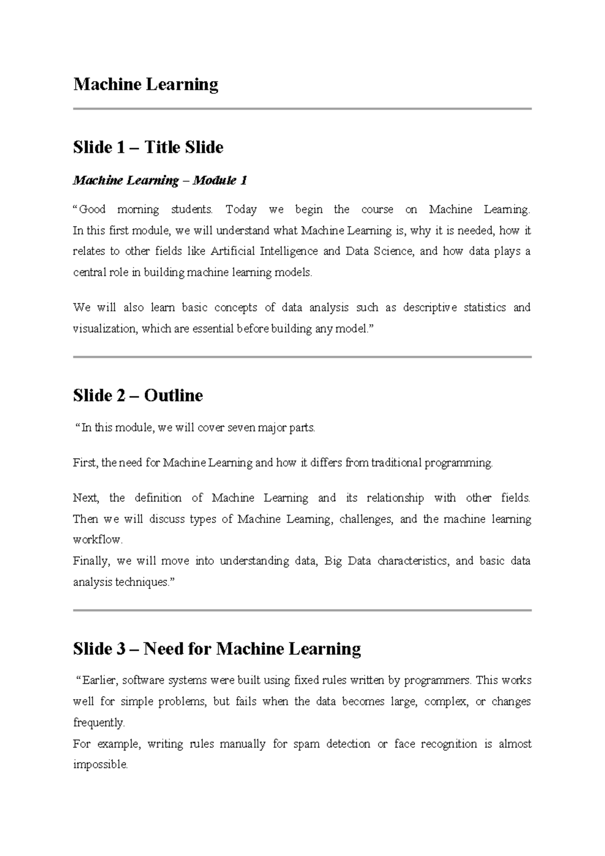 Module 1 - BCS602: Introduction to Machine Learning Concepts - Studocu