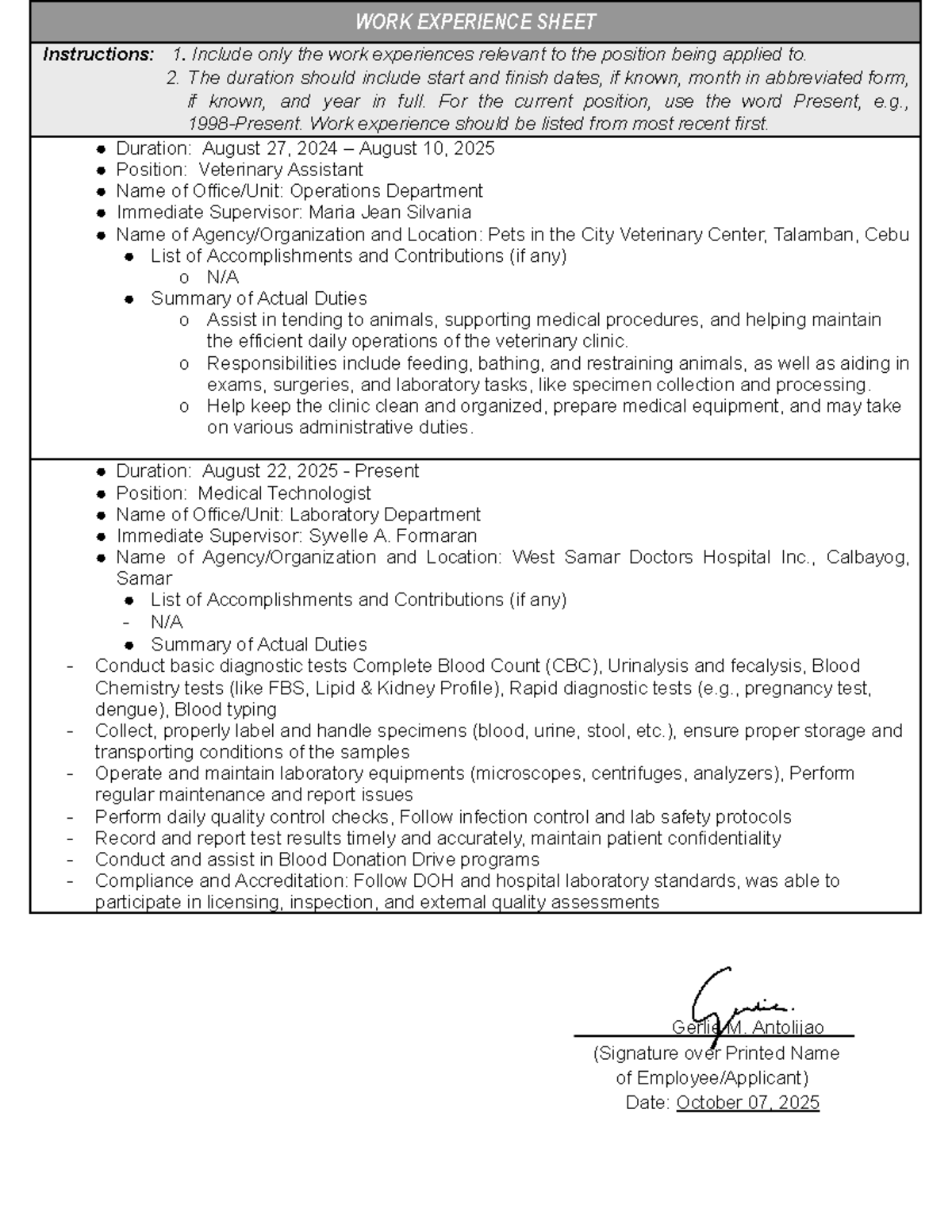 CS Form No. 212: Work Experience Sheet Sample for Veterinary & Medical ...
