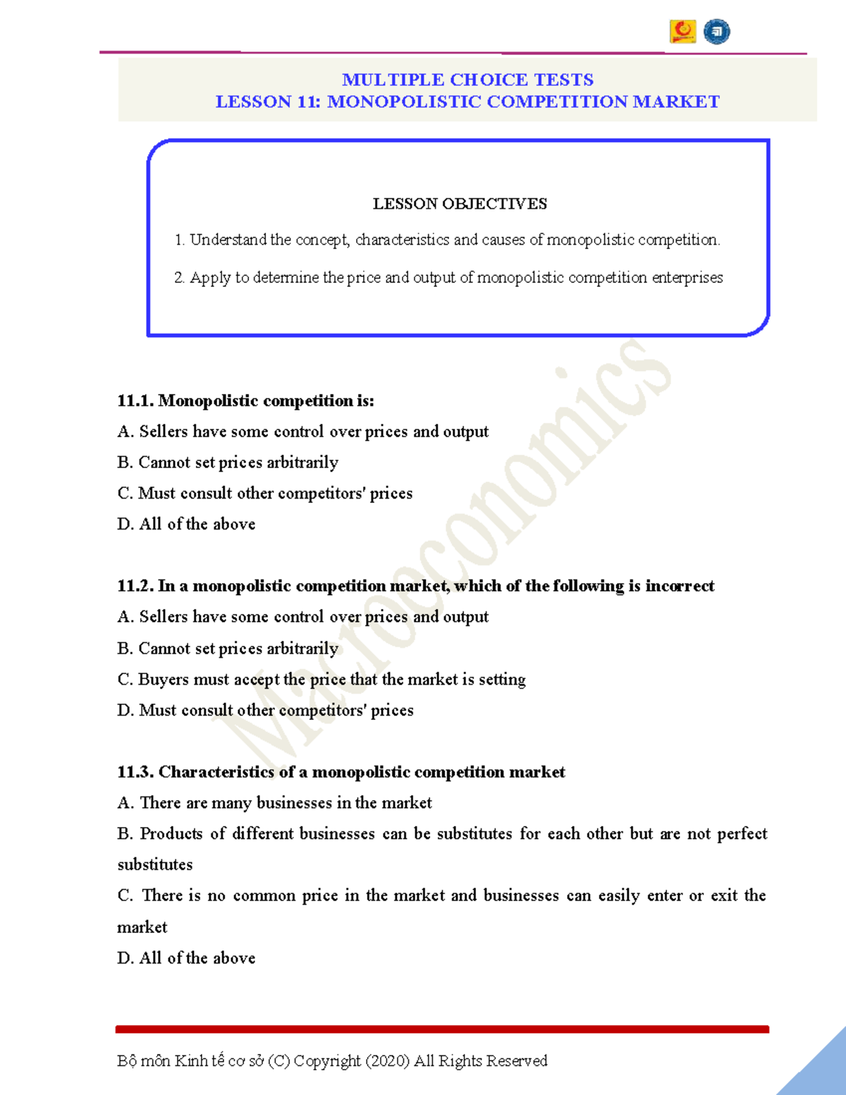 Multiple Choice Test 11: Monopolistic Competition Concepts - Studocu