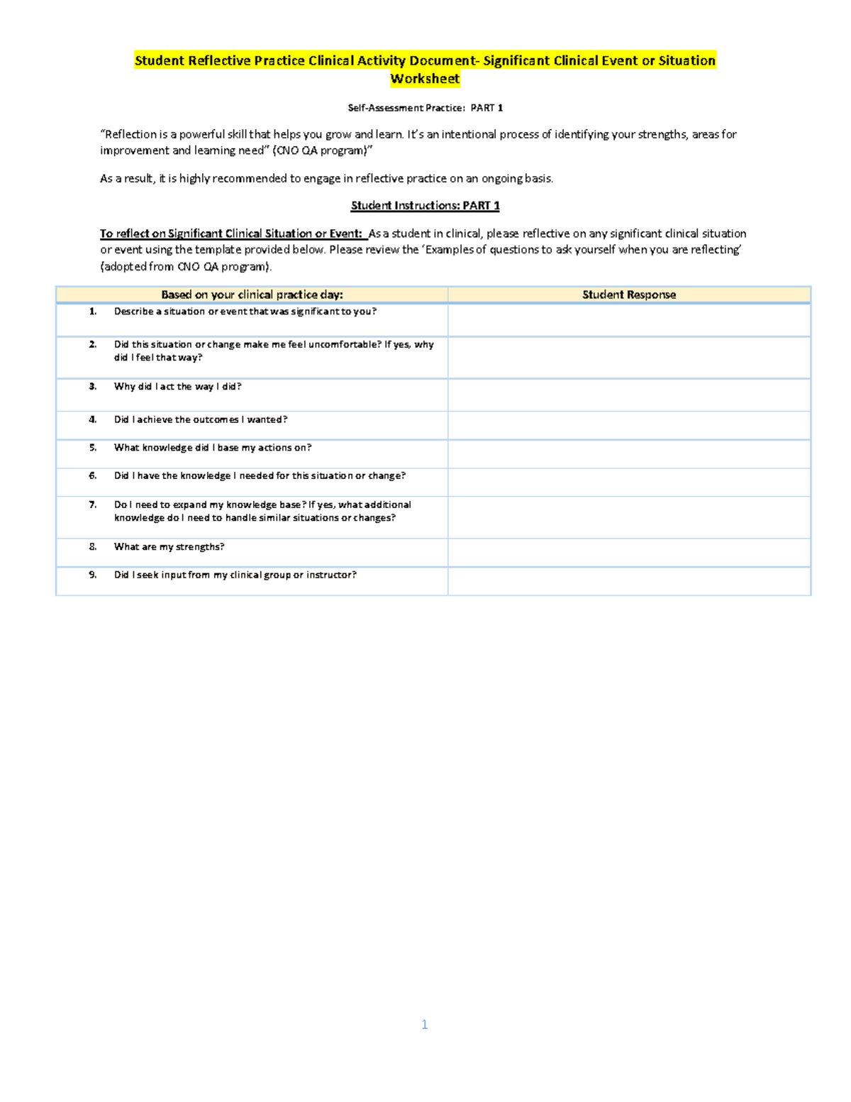 Student Significant Event Reflection Worksheet: Clinical Activity - Studocu