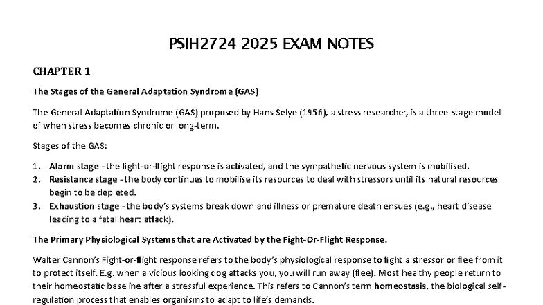 PSIH2724 2025 EXAM NOTES: Understanding Stress and Adaptation - Studocu