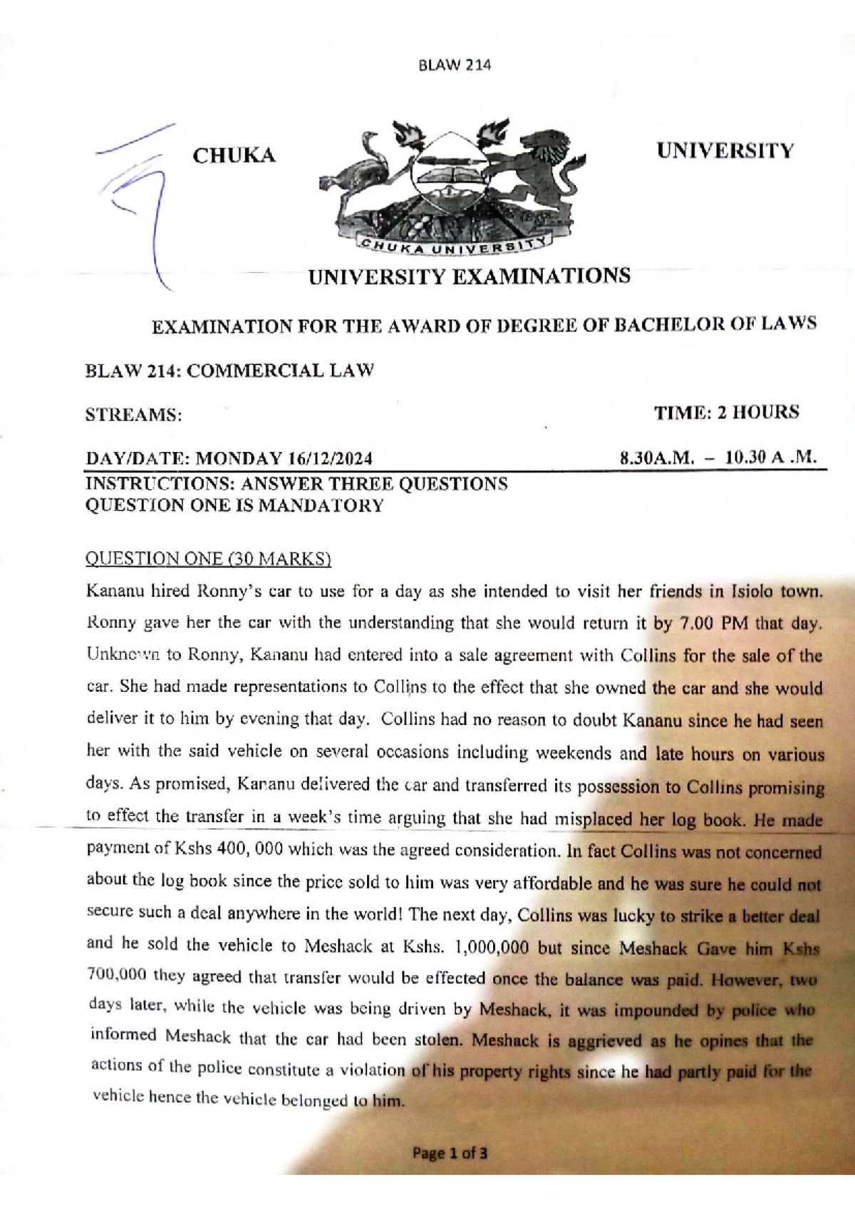 BLAW 214: Commercial Law Past Exam Paper 2024 - Chuka University - Studocu