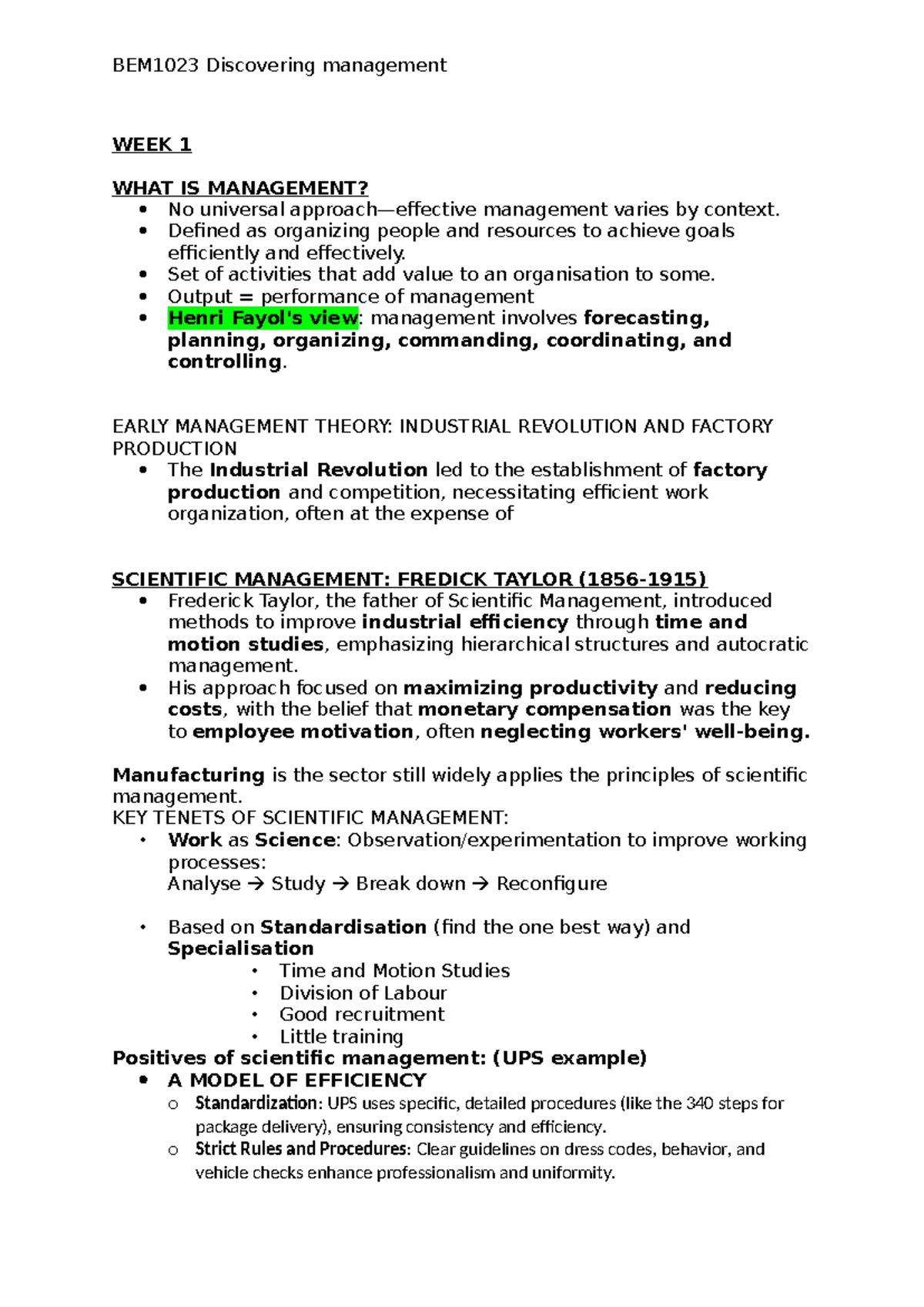 Discovering management long notes - WEEK 1 WHAT IS MANAGEMENT? No ...