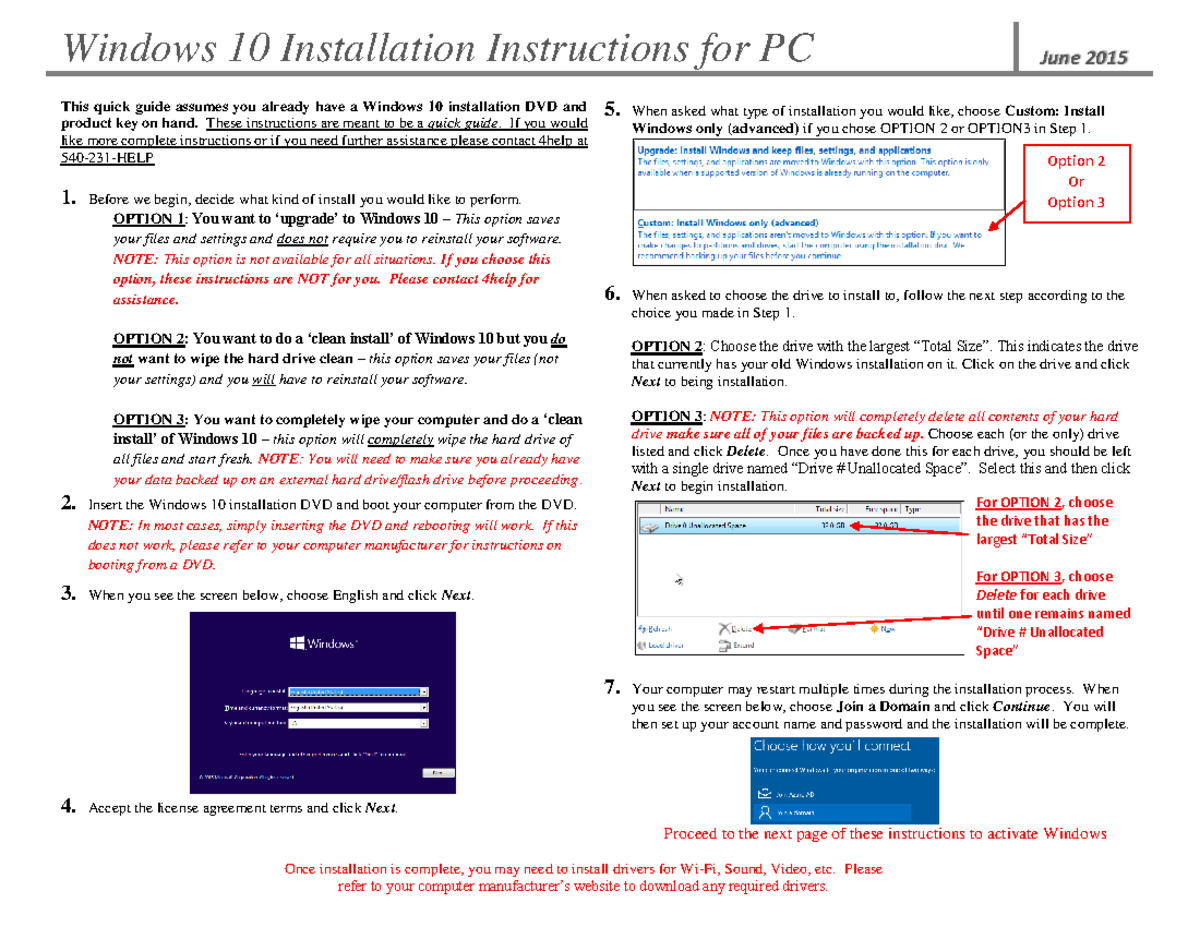 Computer 🖥️1 - Windows 10 Installation Instructions for PC June 2015 ...