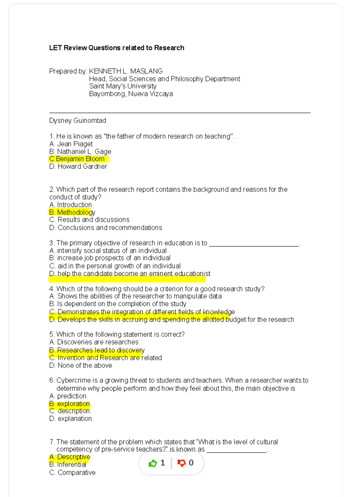 LET Review Questions on Research Concepts and Methodologies - Studocu