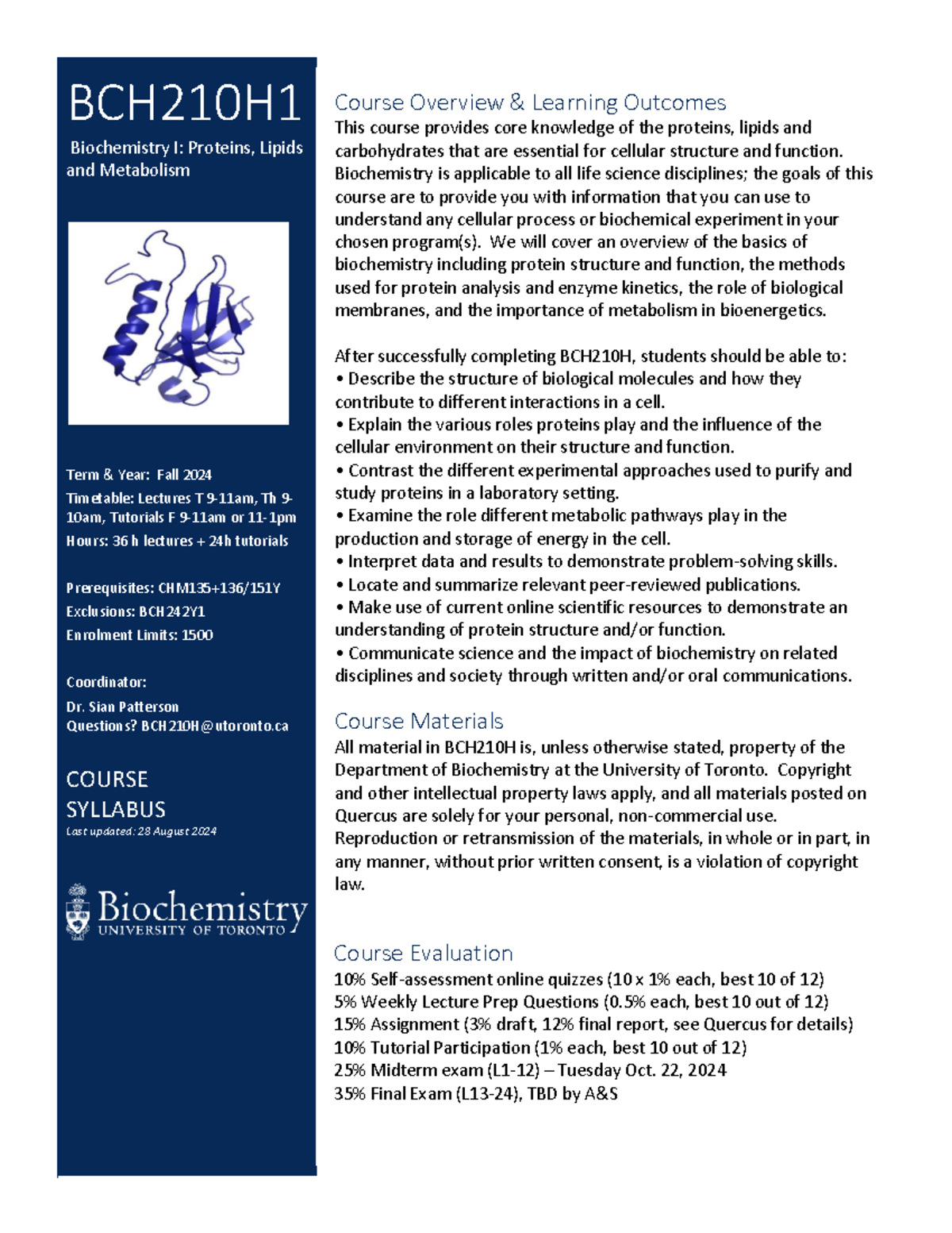 BCH210H.Fall 2024 - Biochemistry I Course Syllabus & Overview - Studocu