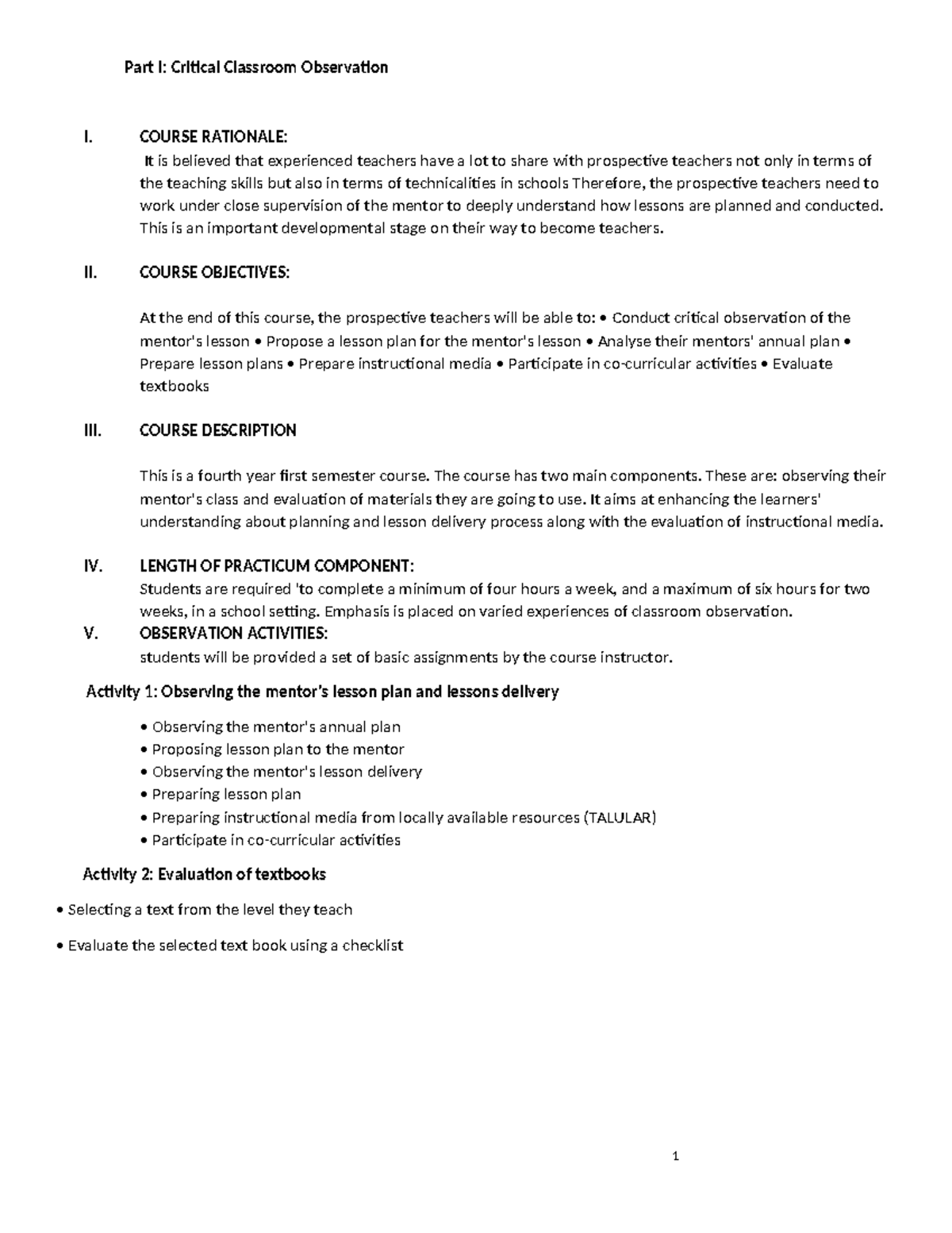 Practicum I: Critical Classroom Observation & Lesson Evaluation Guide ...