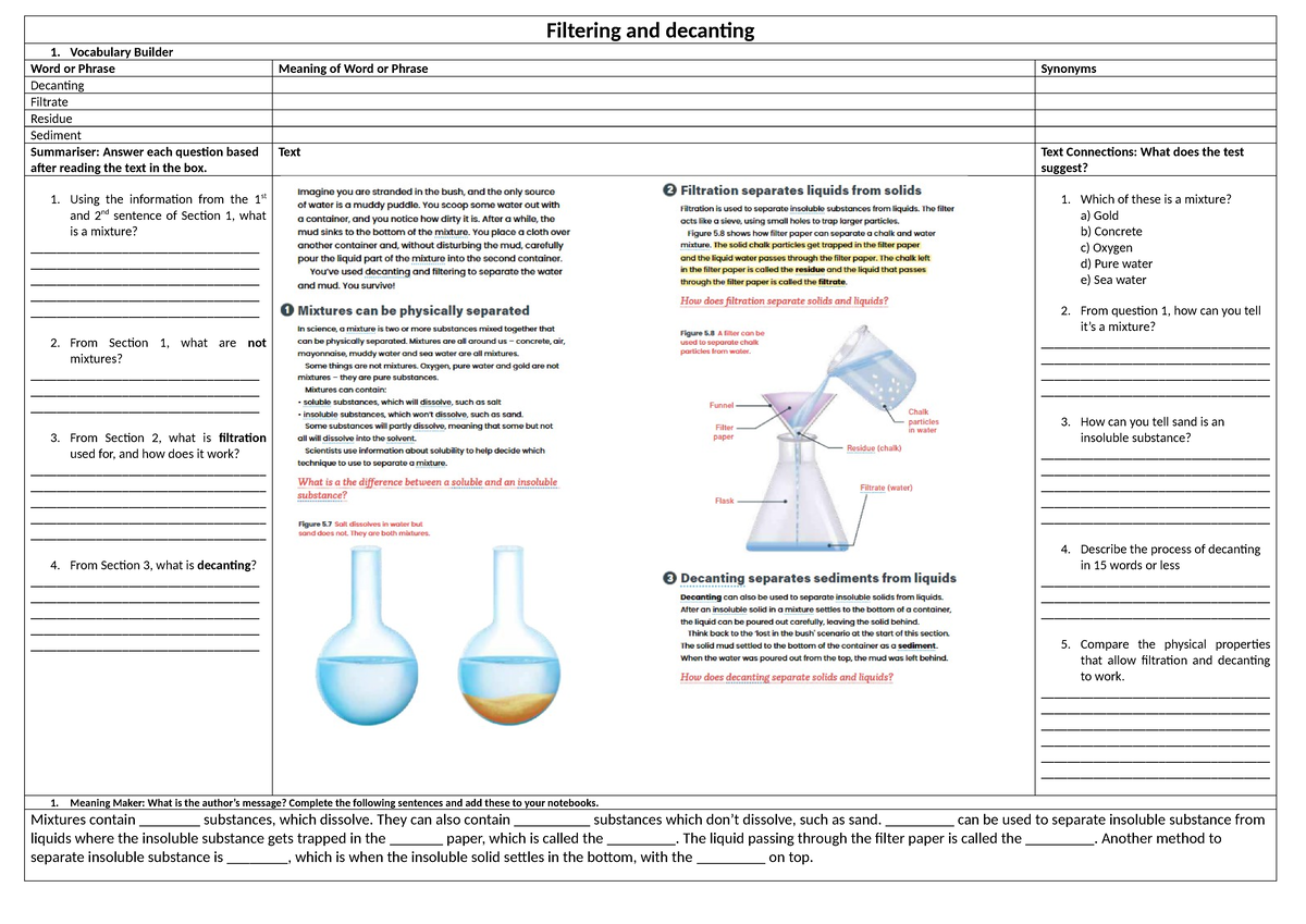 Filtering and Decanting - Lesson 8 - Literacy Activities - Studocu