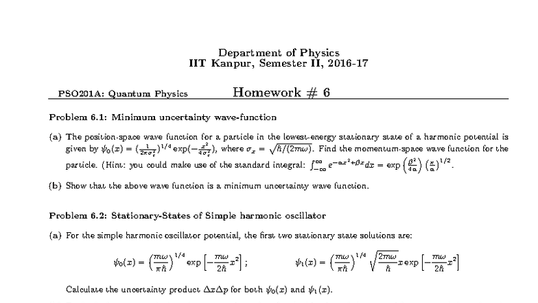 PSO201A: Quantum Physics Homework 6 - Uncertainty & Harmonic Oscillator ...