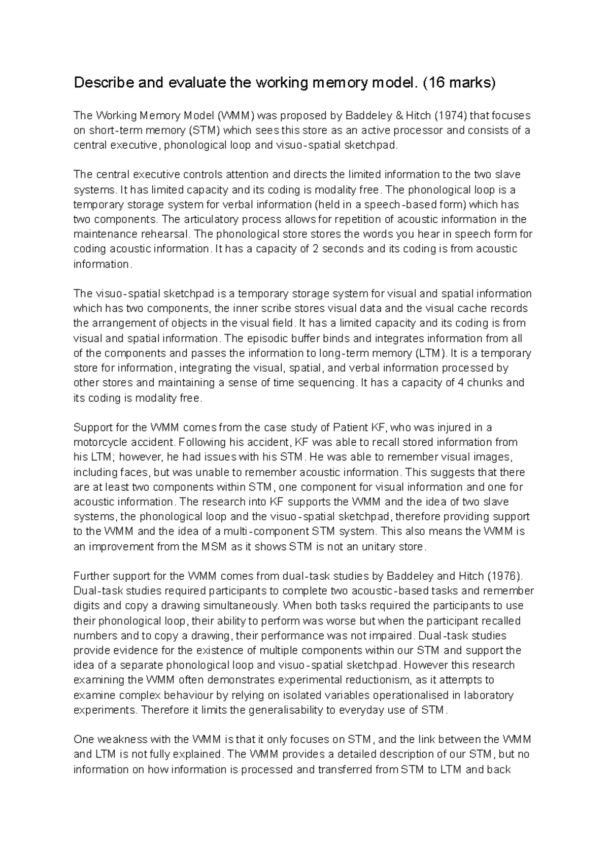 WMM 16 Marker Essay: Evaluating the Working Memory Model - Studocu