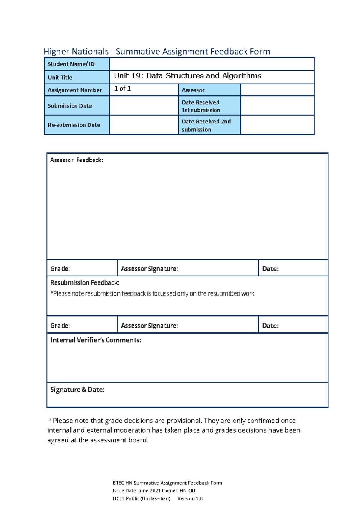 DSA 2024 - Summative Assignment Feedback Form for Unit 19 - Studocu